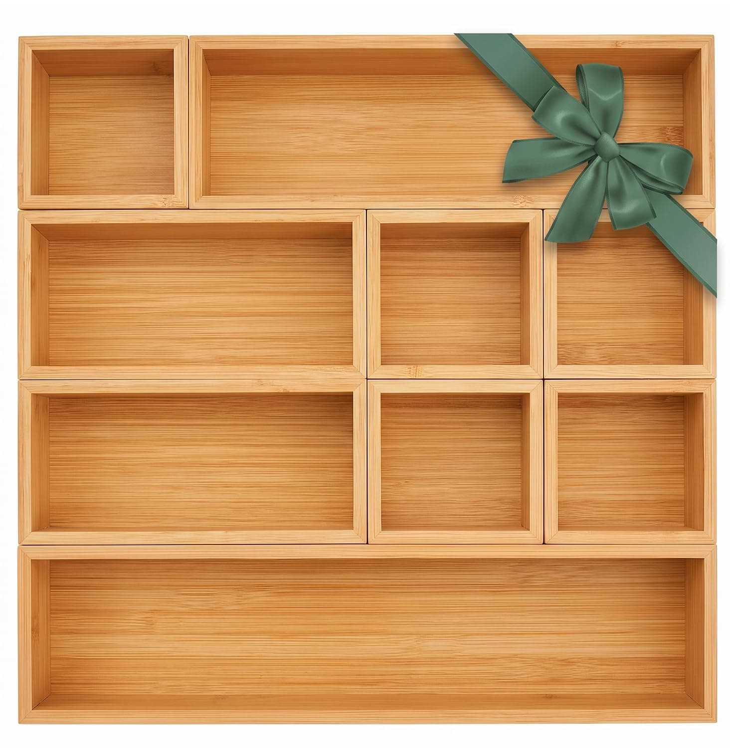 Bamboo Drawer Organizer Set, 9 PCS Multi-Use Individual Wood Storage Organizers, Junk Drawer Divider and Storage Trays Containers for Kitchen, Bathroom, Office Desk, Makeup, Jewelry, Utensils
