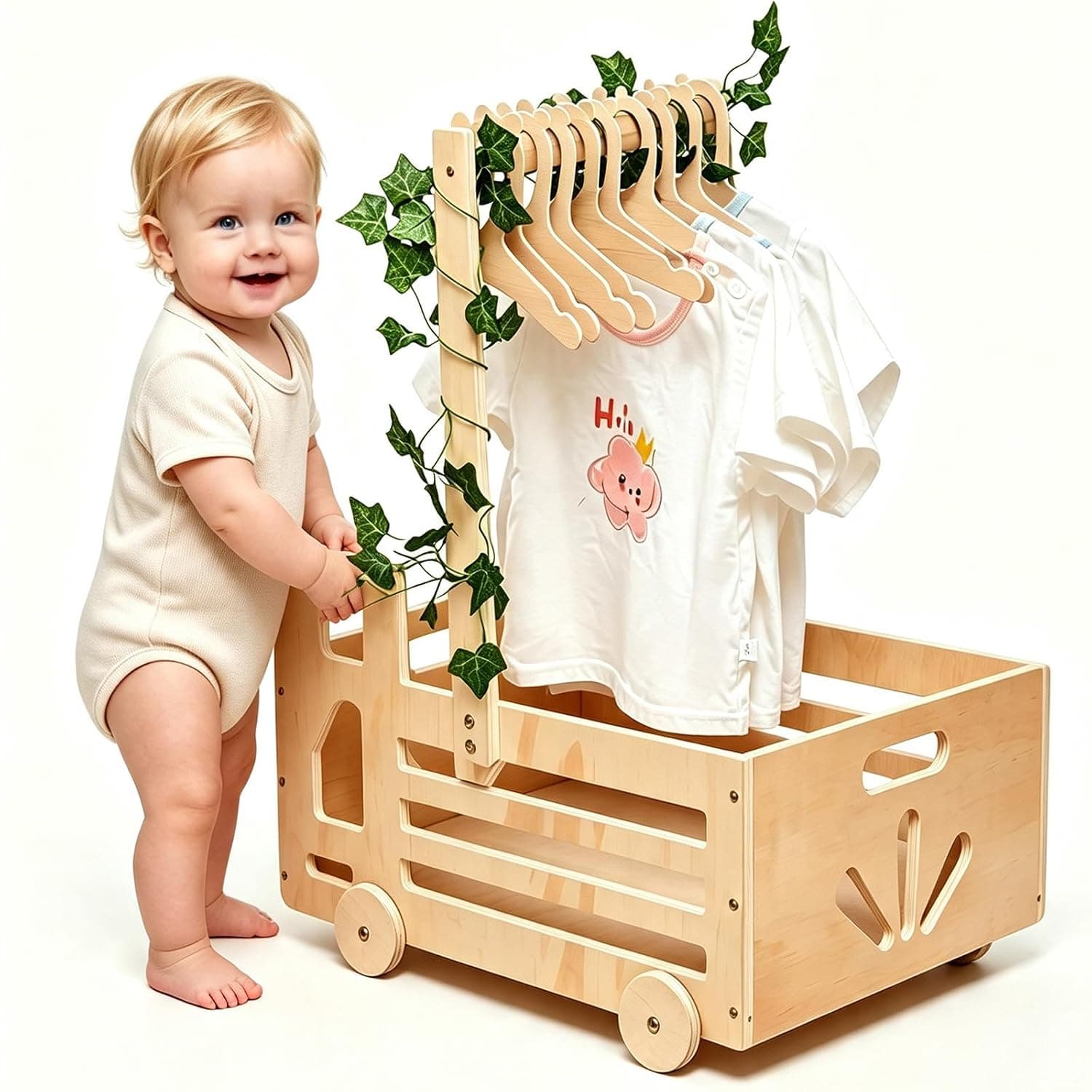 Wooden Baby Shower Crate Closet, Baby Storage Nursery Crate Hamper with Hangers, Gift Basket for Baby Nursery ，Newborn Boy Girl Welcome Gift for New Mom Parents