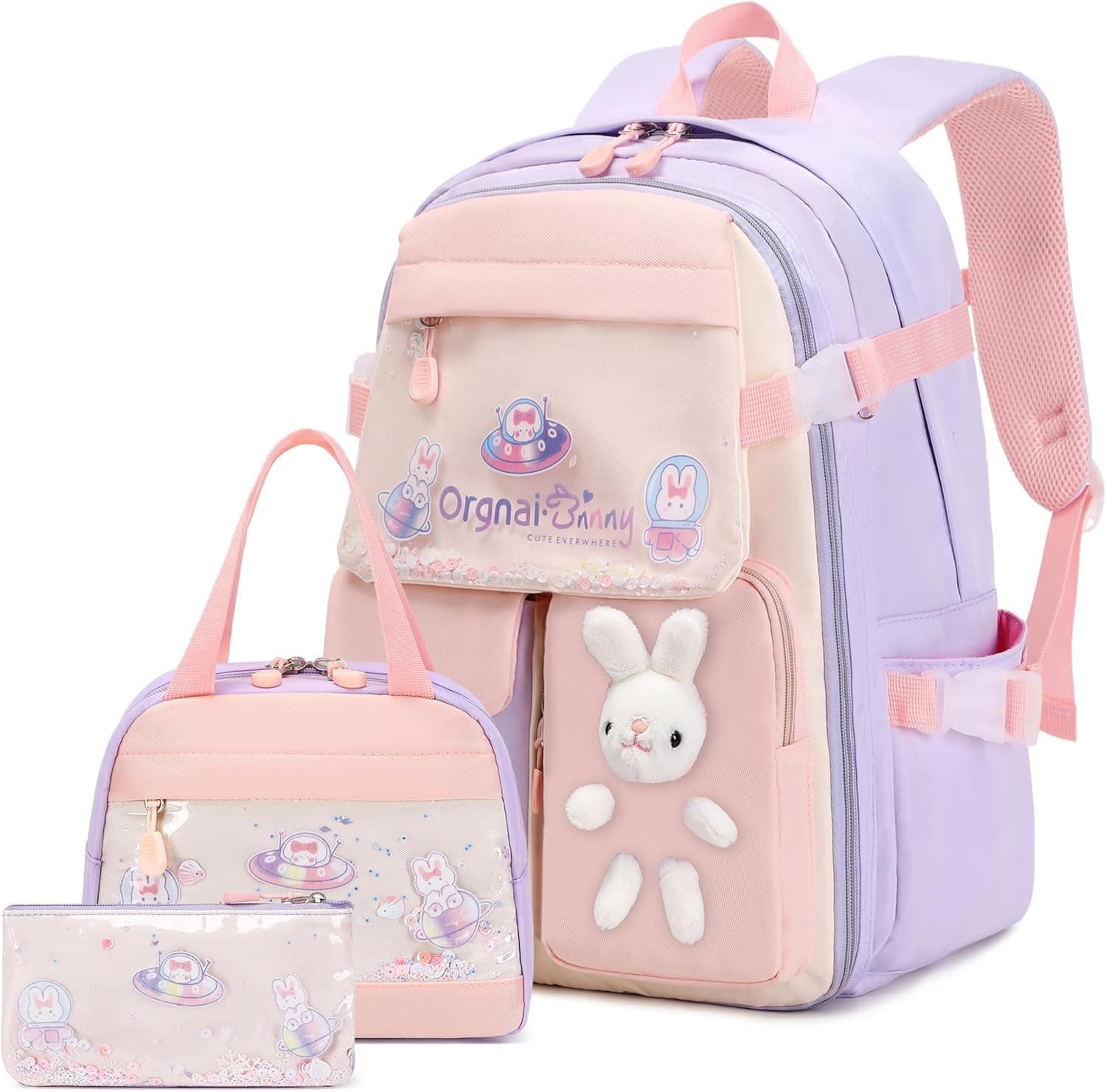 3PCS Cute Bunny Girls Backpack Set, Large Capacity School Bag for Girls,Kawaii Ultralight Waterproof Girl Bookbags With Lunch Box & Pencil Case for School,Travel & Daycare,Ideal for Ages 6-12,Purple