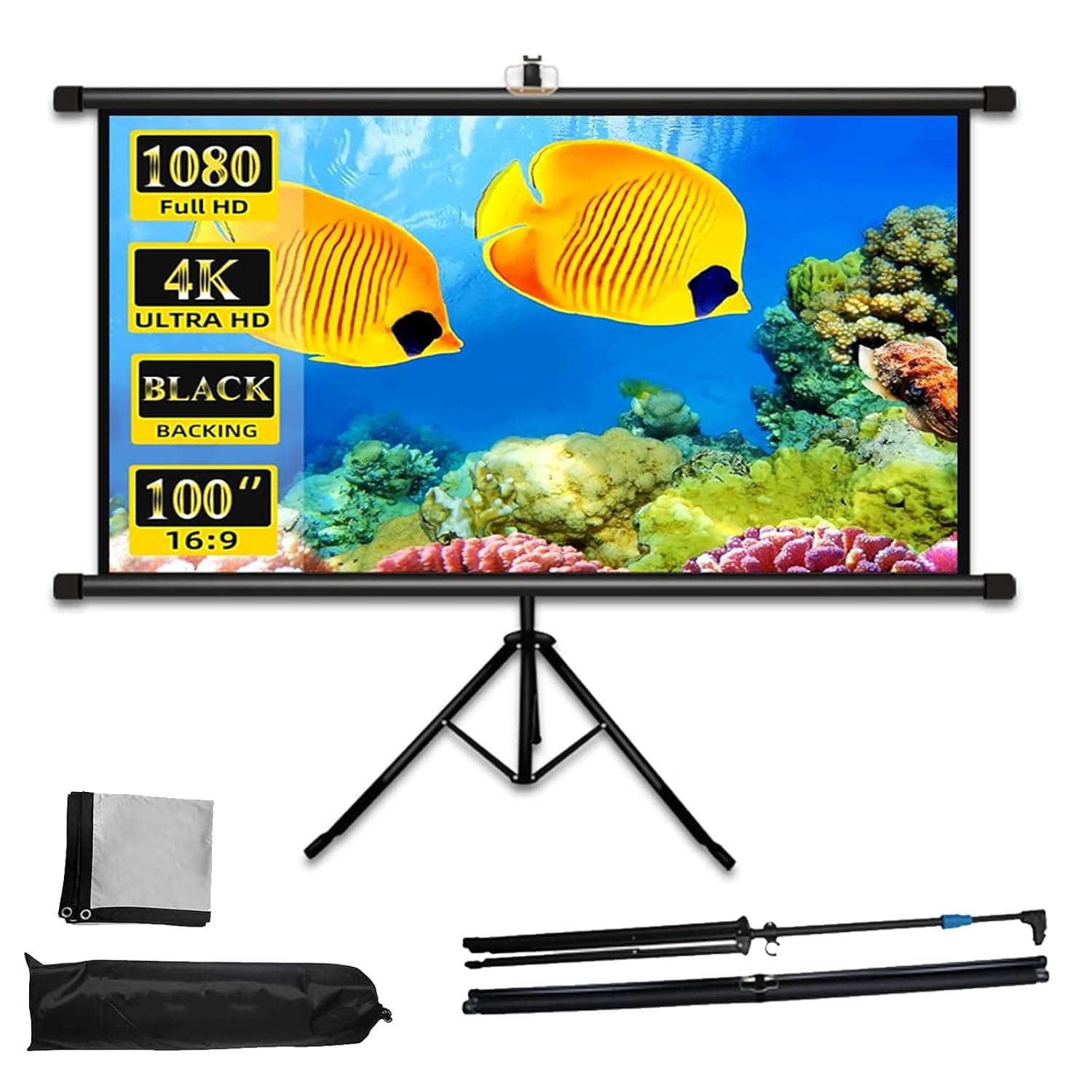 100 inch Projector Screen Stand 16:9 HD, Indoor Outdoor Projection Screen with Black Backing, Premium Wrinkle Free Adjustable Tripod Movie Screen for Projector with Storage Bag
