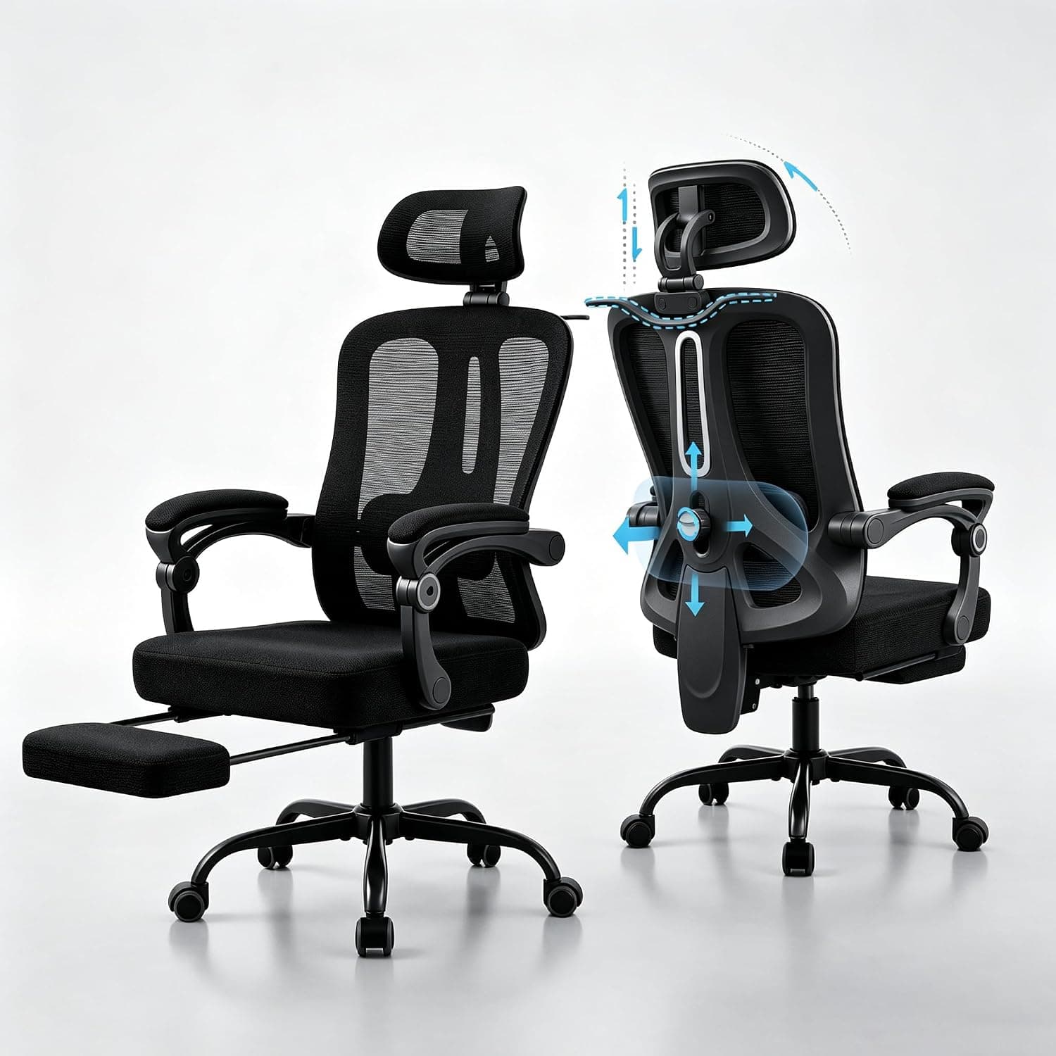 Office Chair, Ergonomic Office Chairs for Adults, Desk Chair, Computer Chair with Lumbar Support & Adjustable Headrest and Footrest, Breathable Mesh Home Office Task Chair, Comfy, All Black