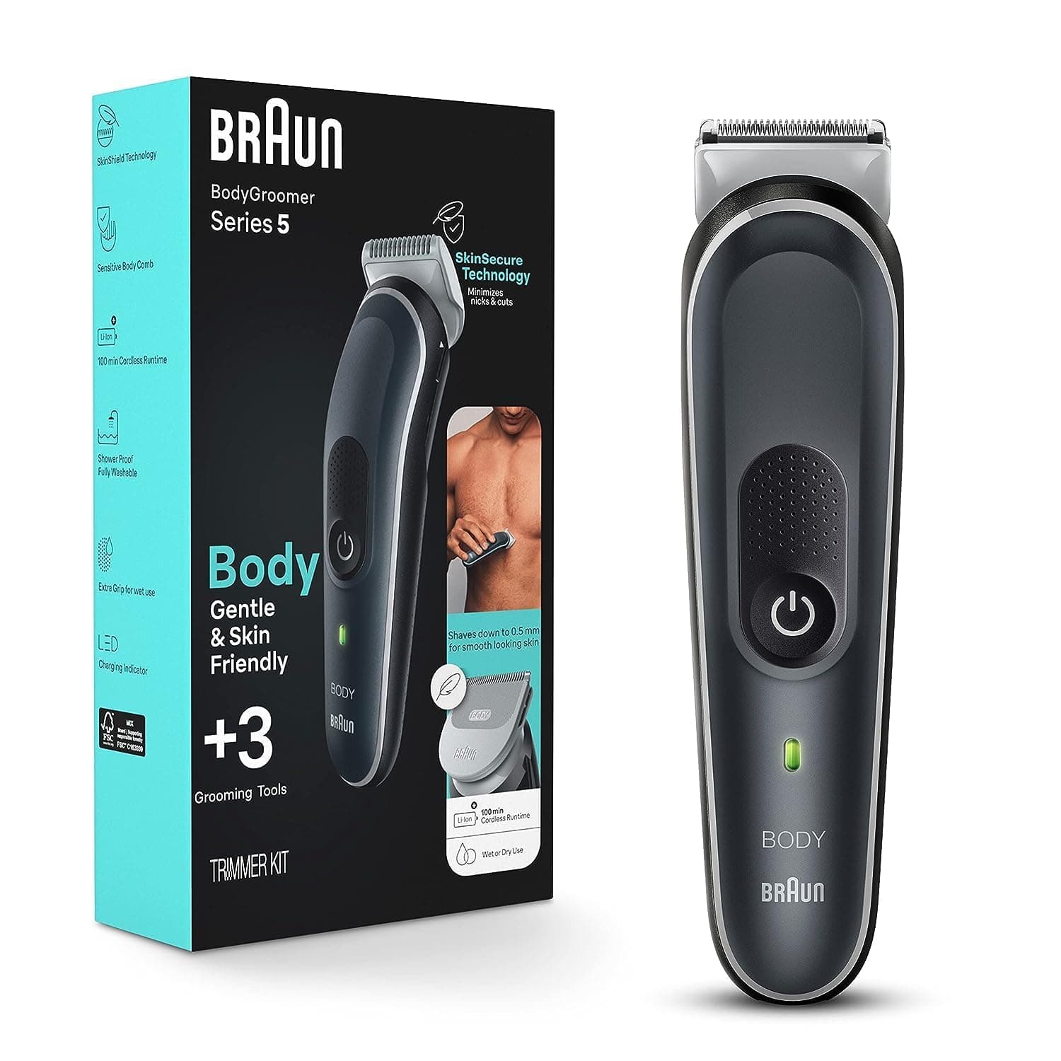Braun Body Groomer 5 for Men, BG5340, Manscaping Tool, SkinShield Technology, Sensitive Comb, Lifetime Sharp Metal Blade, Body Groomer for Men, Gray/White