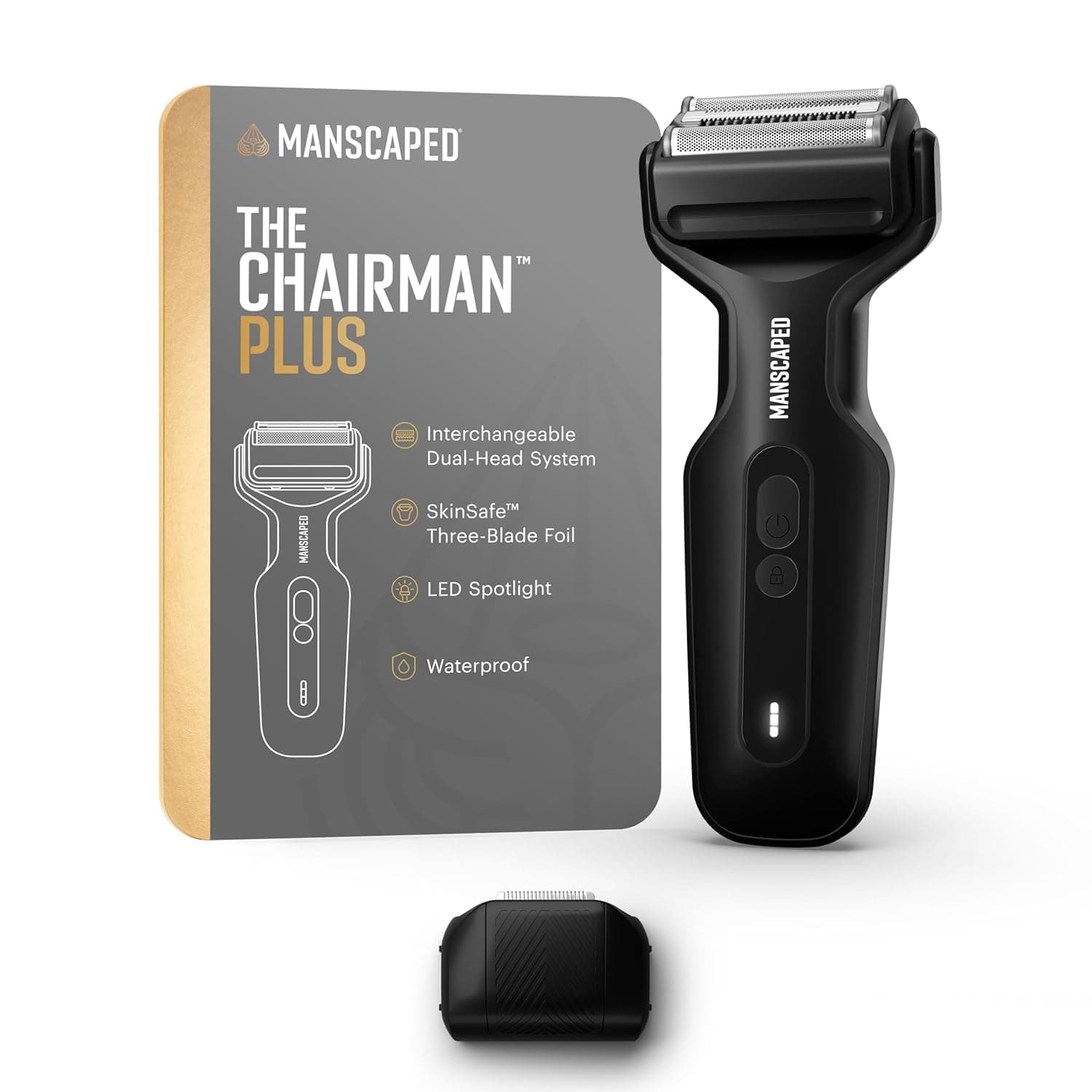 MANSCAPED® The Chairman™ Plus Men’s Electric Foil Face Shaver - Two Interchangeable Blade Heads, SkinSafe® Three-Blade Foil & Precision Sideburn & Jawline Trimmer, USB-C Charging, Gentle on Neck Area