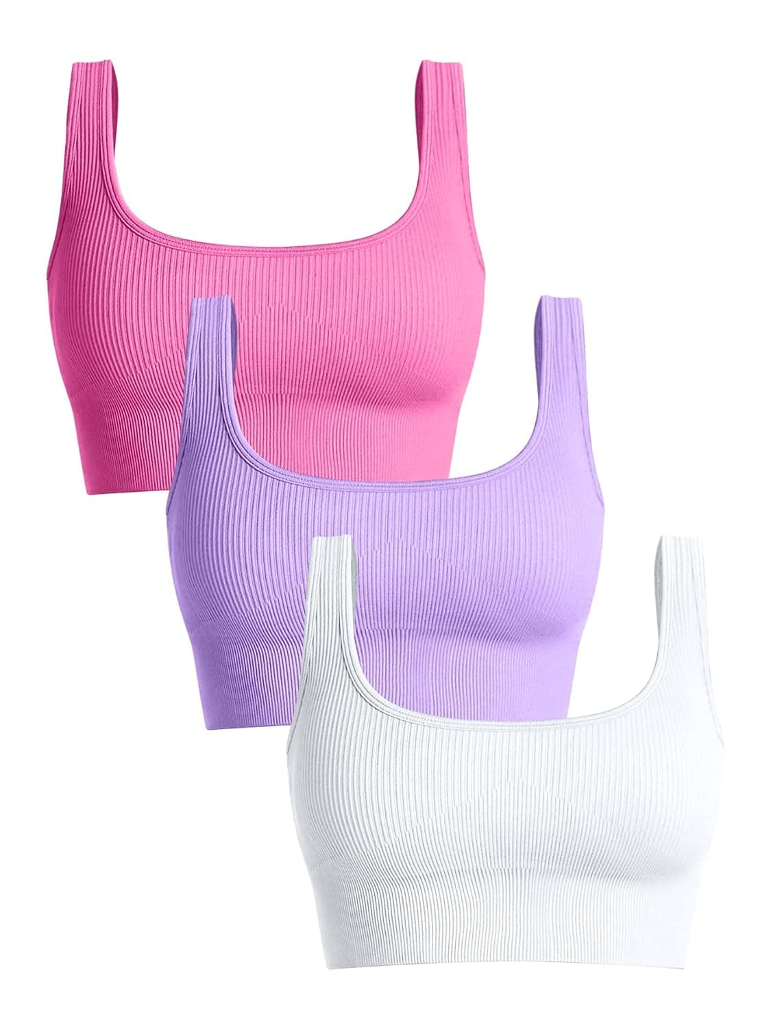 OQQ 3 Piece Sports Bra for Women Medium Support Ribbed Seamless Removable Cups Workout Exercise Pink Lavender White S RibbedtopsOQ077
