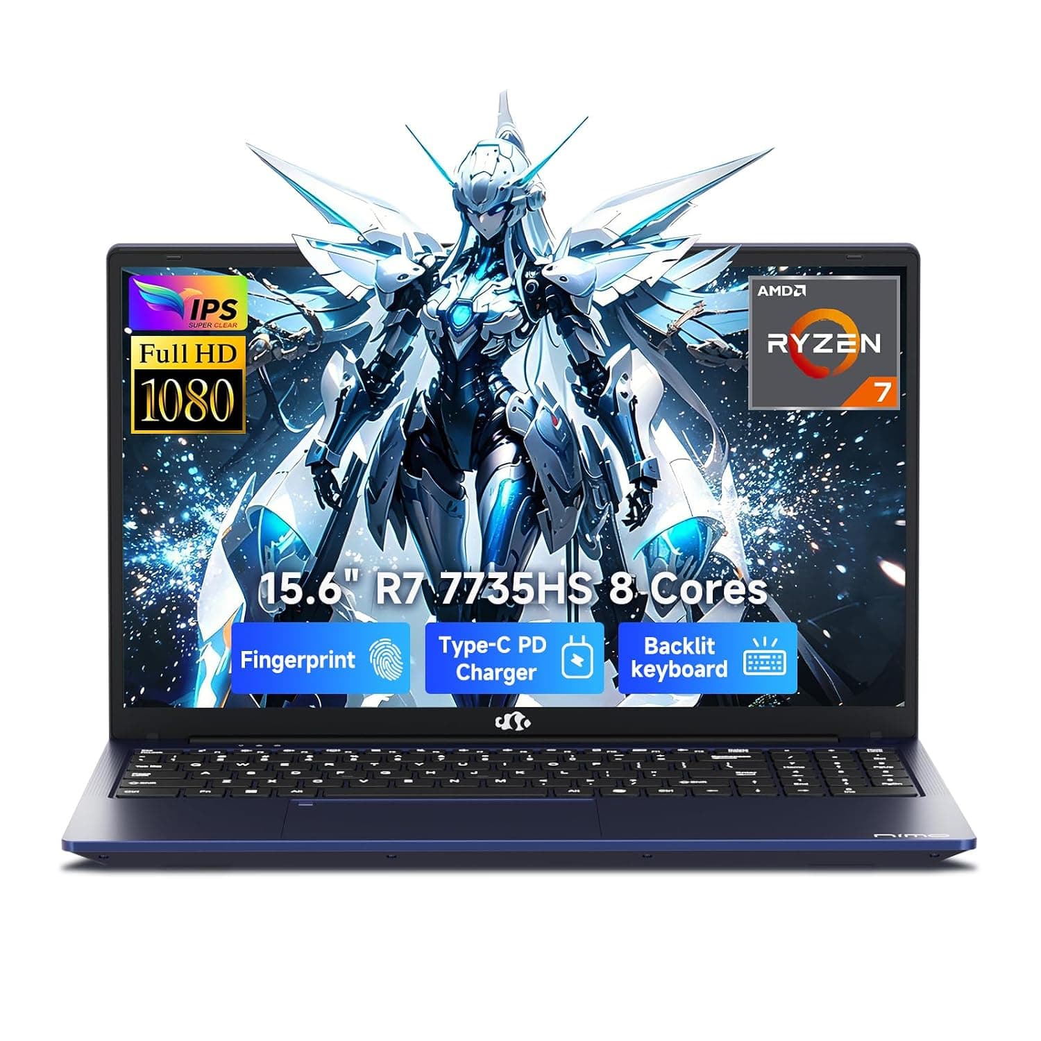 NIMO Gaming Laptop, 15.6" FHD IPS Anti-glare Screen, R7 7735HS (Up to 4.75GHz, Beat i7-12650H) Computer with 16GB DDR5 RAM 1TB SSD, 180° Viewing, Radeon 680M, 100W Type-C, for Business, College