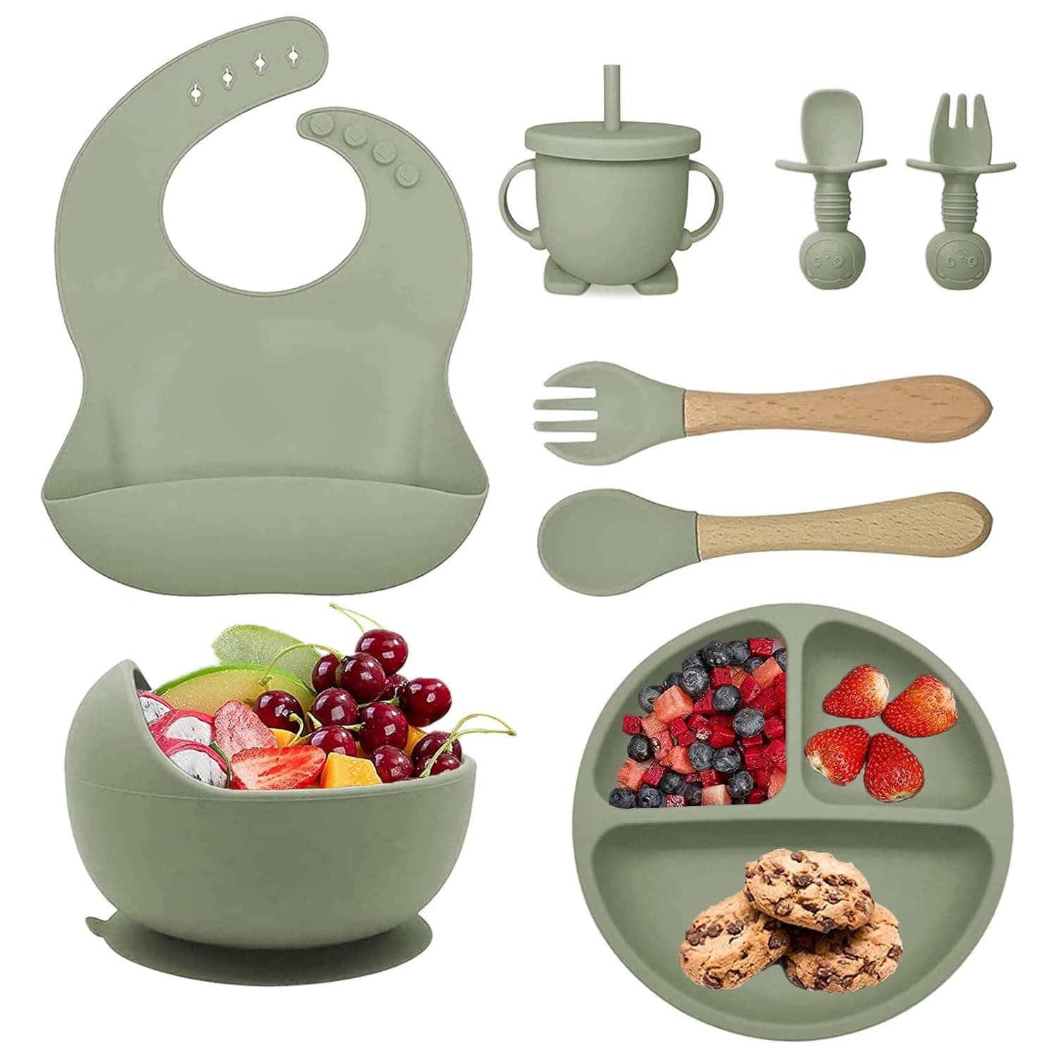 LinJie Silicone Baby Feeding Set, Baby Led Weaning Supplies, Baby Tableware Set with Suction Bowl, Divided Plate, Sippy Cup, Forks, Spoons, Adjustable Bib, BPA Free Toddler Feeding Utensils