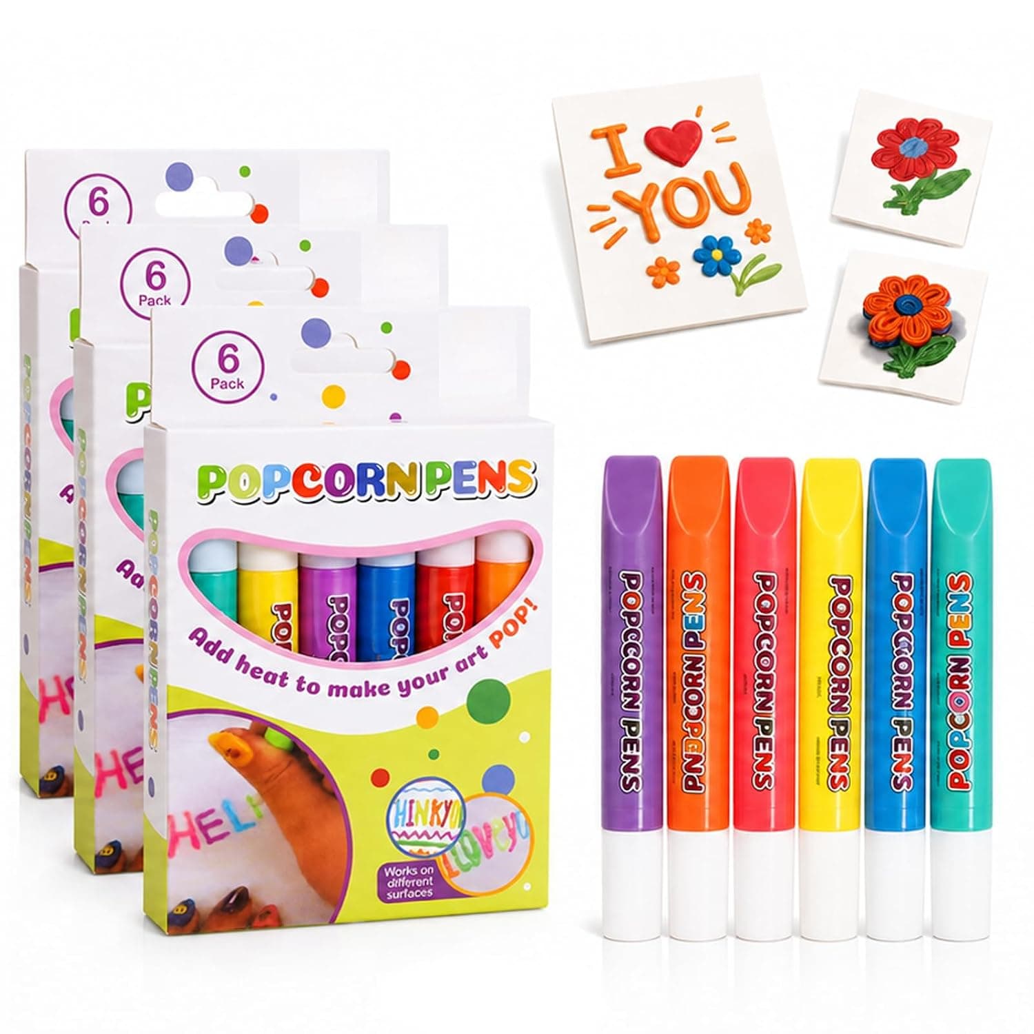 Topacme 3D Relief Art Pen,6-Color Heat Activated Puffy Marker Set (3PCS) | Creates raised bubble textures on paper, wood, glass and fabric; fine tips, washable ink, hair-dryer activation