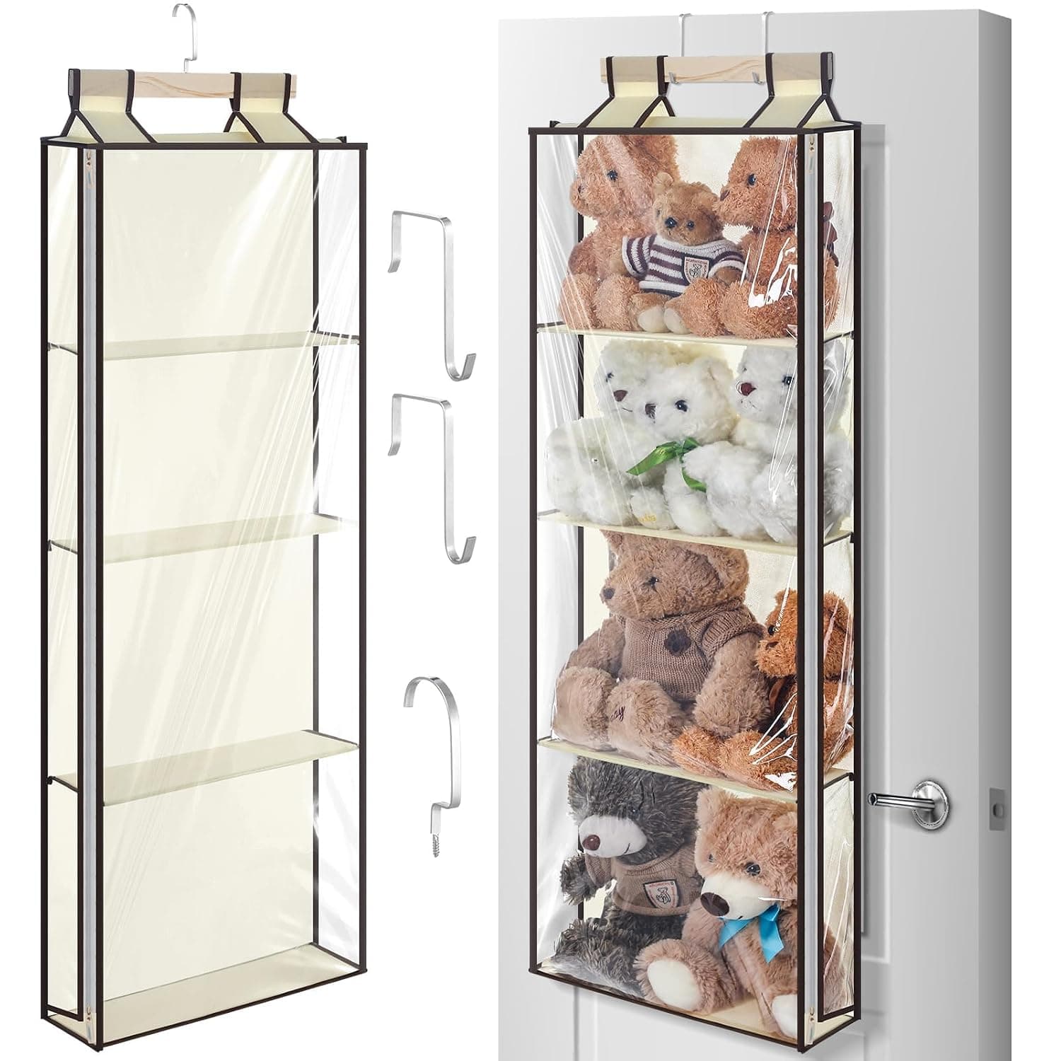 Over Door Hanging Organizer, Hanging Stuffed Animal Storage with Zippers, Dustproof over The Door Organizer with Large Pockets for Shoes, File, Toys Cosmetics Sundries and Baby Essentials (4 Layer)