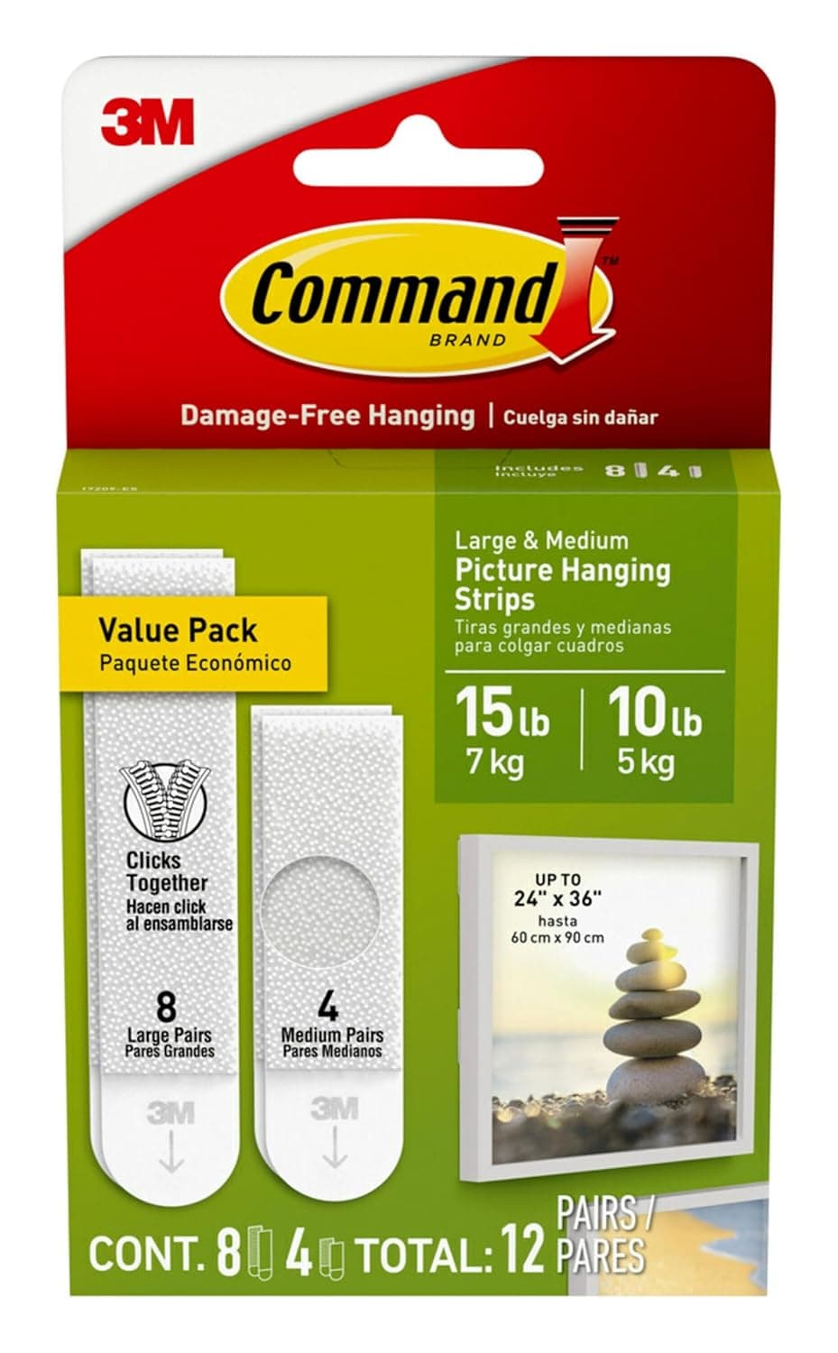 Command Picture Medium and Large Hanging Strips (8M + 4L) | Holds 7.2 kg whole pack | White color | Heavy Duty| Organize | Decoration | No Tools | Holds Strongly | Damage-Free Hanging | 12 pairs/pack