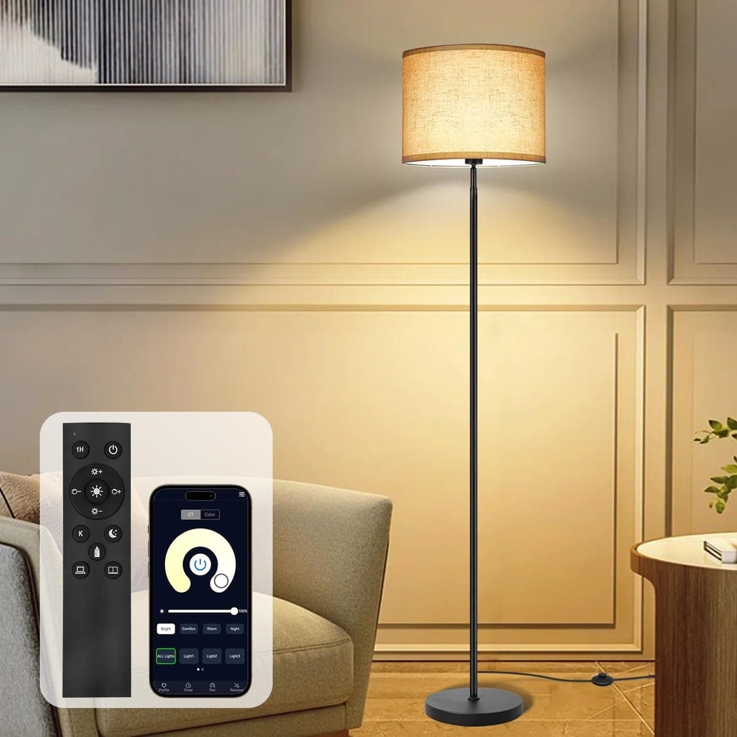 Floor Lamp Nordic Tall Standing Lamp with Remote& APP Control, Floor light for Living Room, Bedroom, Office, 12W Dimmable 3-Color LED with Timer & Night Light, Weighted Base