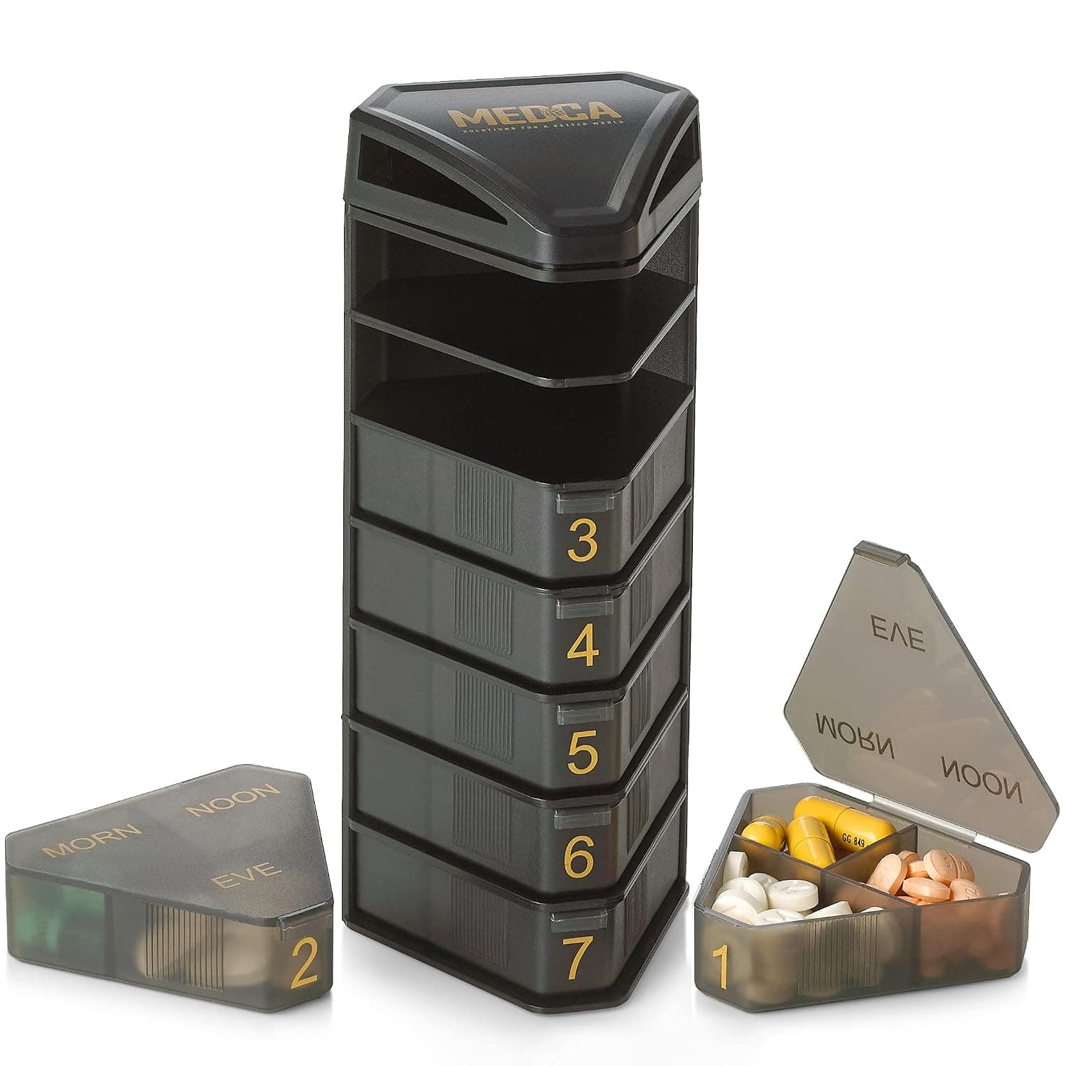 MEDCA Moisture Proof Weekly Stackable Pill Organizer - BPA Free, Weekly Pill Box Case with 3 Daily Compartments - Black Pill Box to Store Pills, Vitamins, Supplements