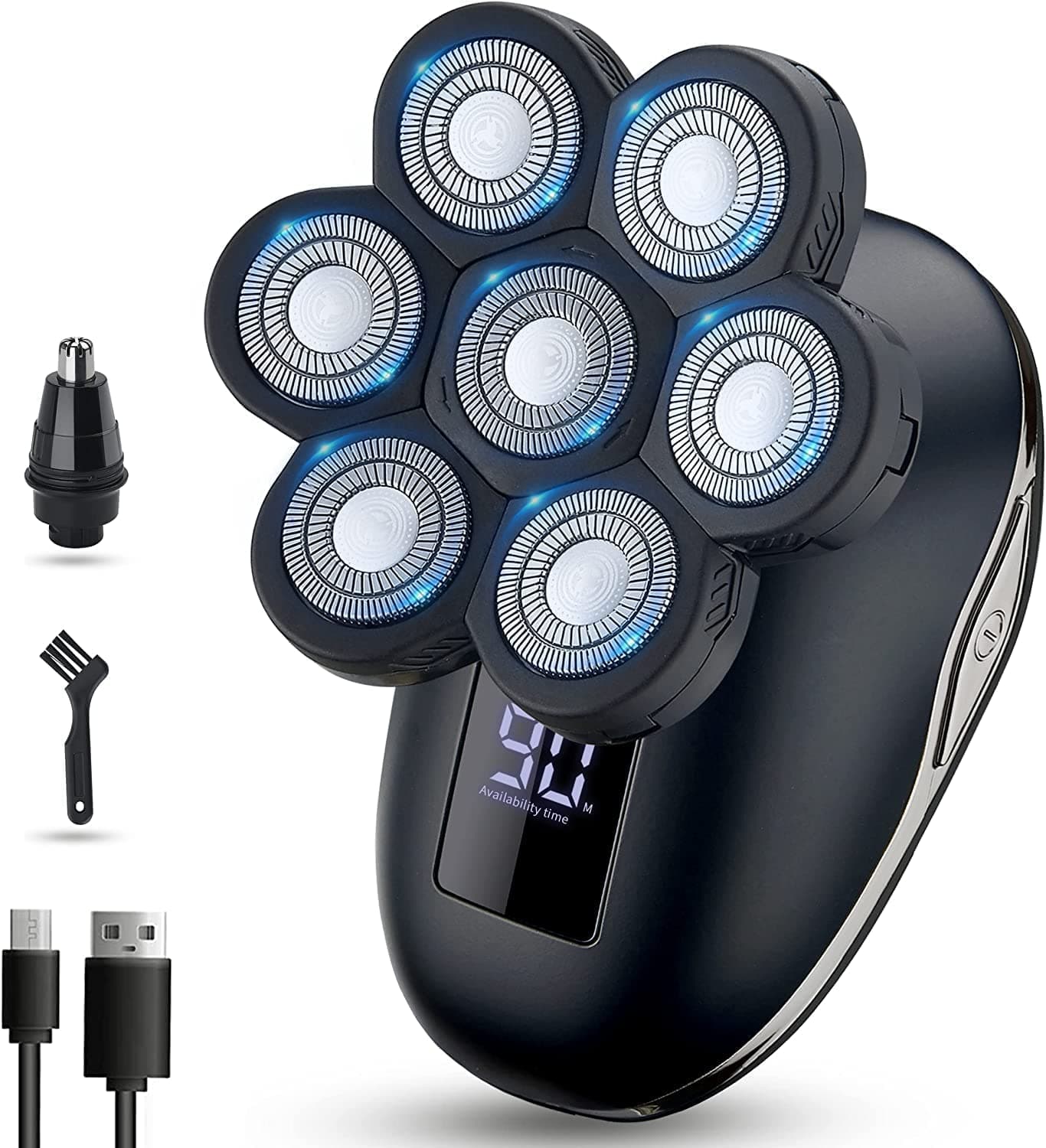 Electric Shaver for Men 5 in 1, Bald Head Shaver Waterproof, Upgraded Head Shaver 7 Floating Heads, Multifunctional Head Razors for with Nose Ear Trimmer, LED Display, 90 Mins Run time for Traval