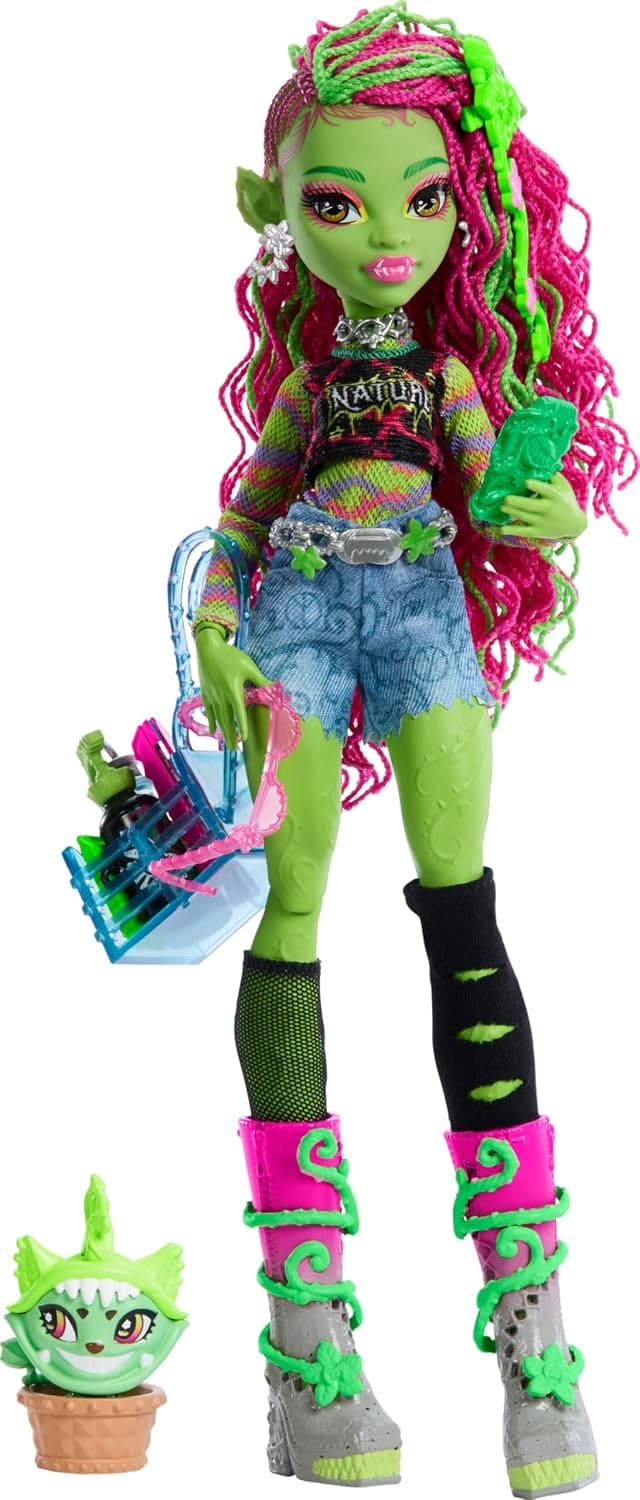 Monster High Venus McFlytrap Doll with Plant Monster Pet Cat Chewlian and Accessories Like Backpack, Notebook, Snacks and More