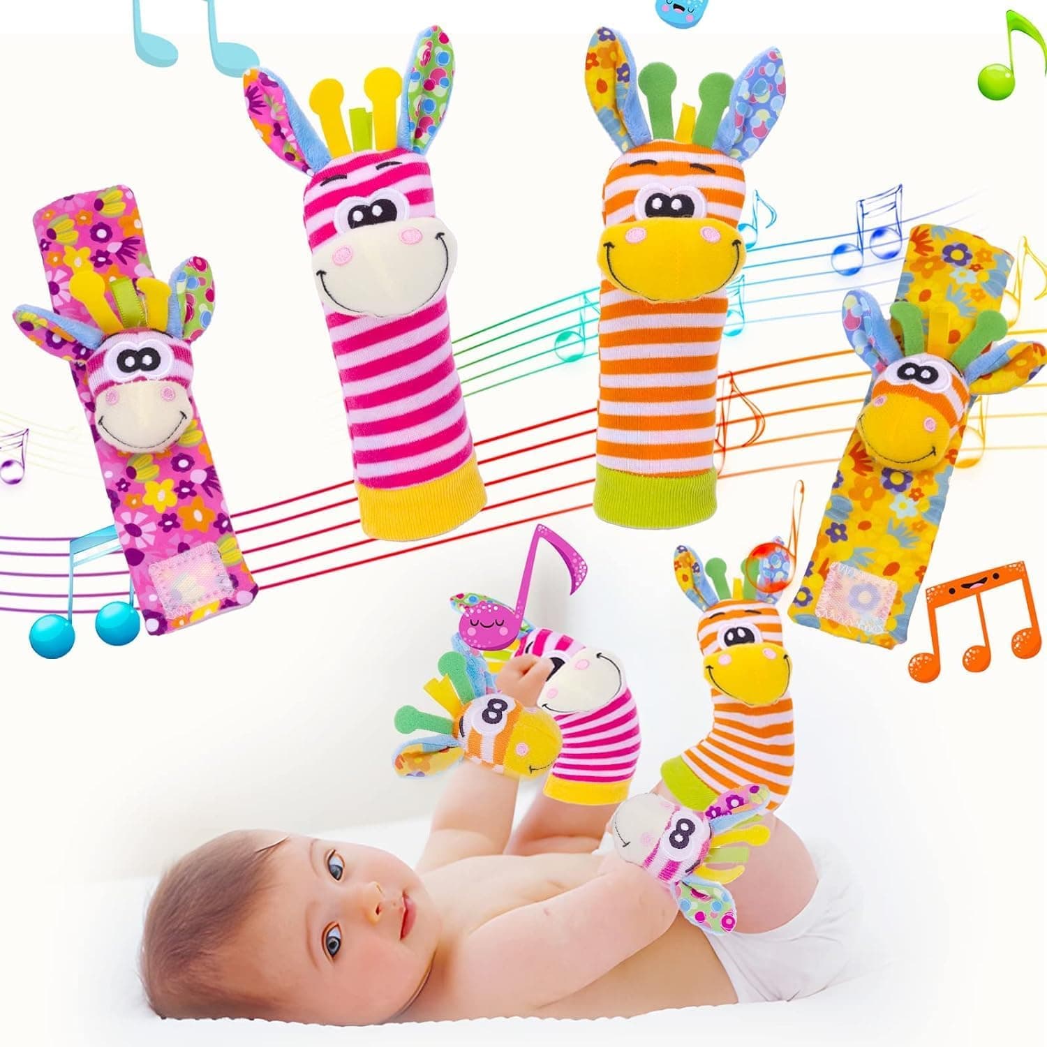 Baby Wrist Rattles and Rattle Socks Set, 4 pcs Infant Sensory Toys with Bells and Sound Paper, Soft Cotton Elastic Cartoon Animal Wrist and Foot Rattles, Early Development Toys 0 to 3 Years