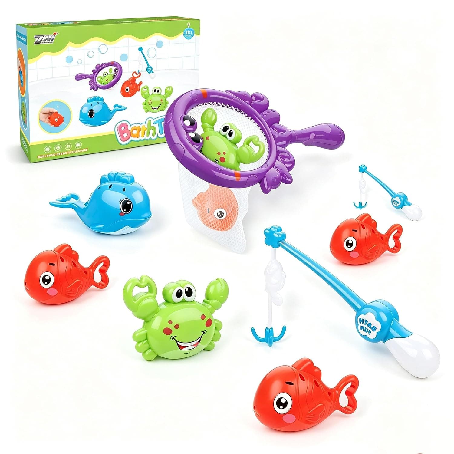 Joyzzz Baby Bath Toys, Fishing Game Set with Net and Rod, No Mold Squirt Water Fishes Crab, Bathtub Toy for Toddlers Ages 1-6, Educational Water Playset for Infant Boys Girls, Fun Bathtime Play