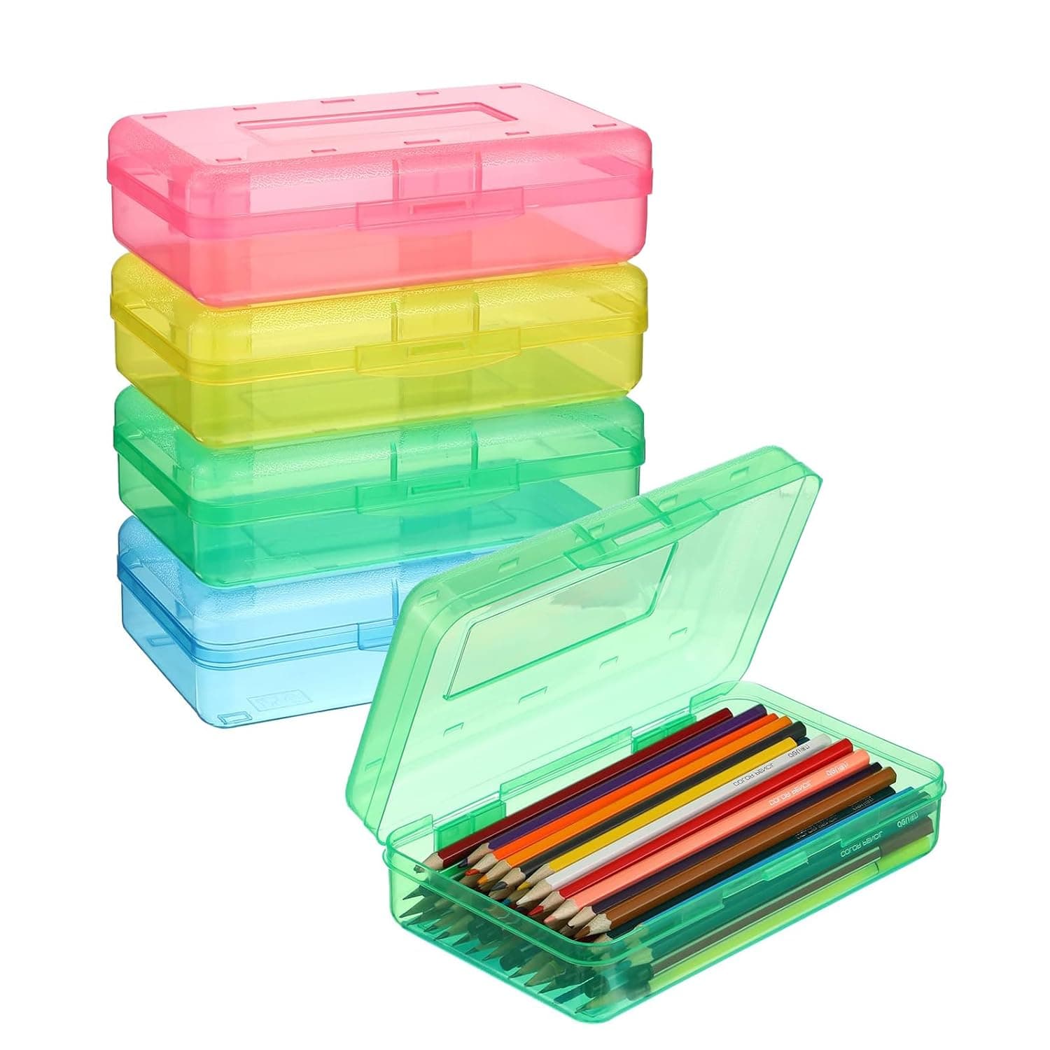 4 Pack Large Plastic Pencil Box, Multi Purpose Clear Storage Organizer with Snap Closure Lids, Portable Crayon Box Case for Pens Pencils Brushes and Craftsfor School and Office Supplies