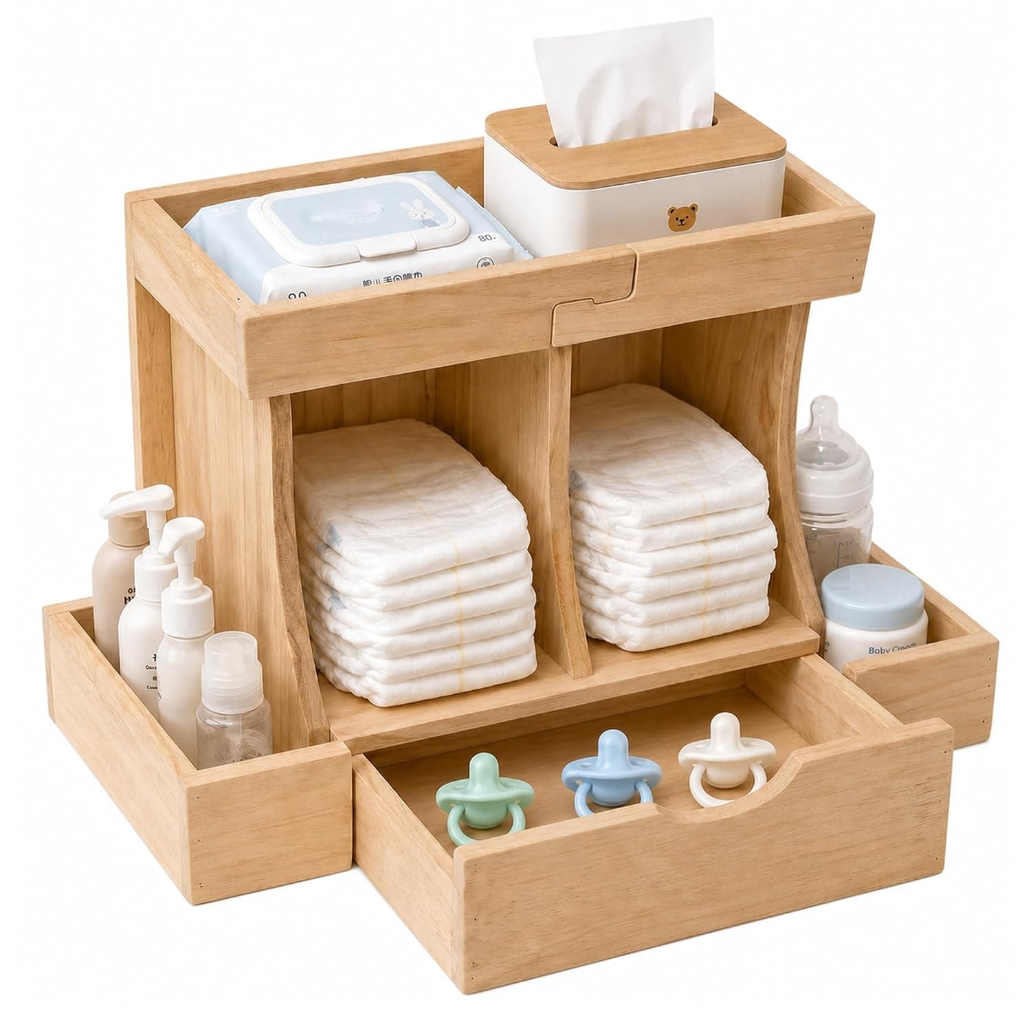 Diaper Organizer with Drawer, Wooden Changing Table Organizer for Baby Essentials, Large Capacity Baby Diaper Caddy with Multi Compartment Nursery Storage