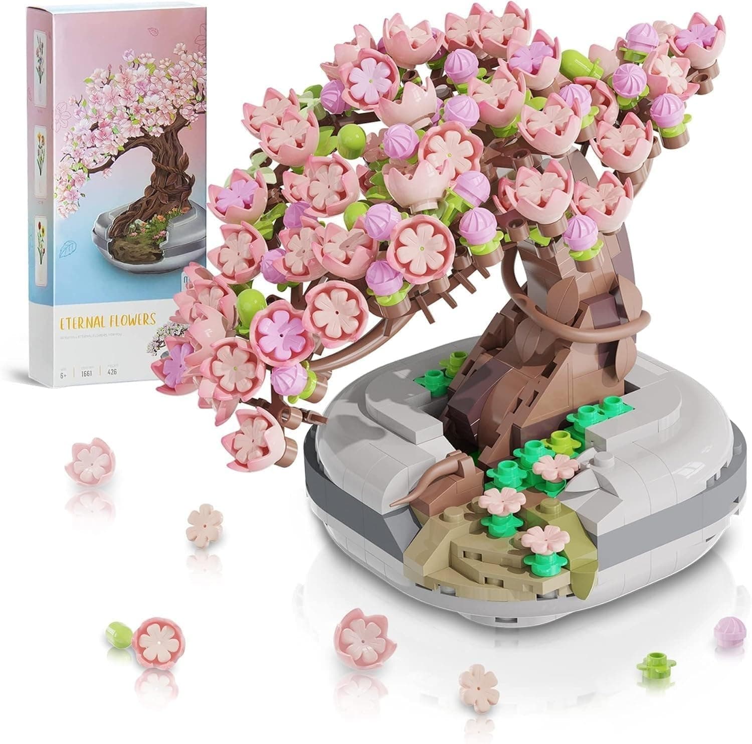Joyzzz Building Blocks, 426 PCS Mini Cherry Blossom Bonsai Tree Set, UV Color Change Artificial Plant, Desk Office Decor, Pink Flower Decor, Romantic Gift for Her, with Embossed Luxury Gift Box
