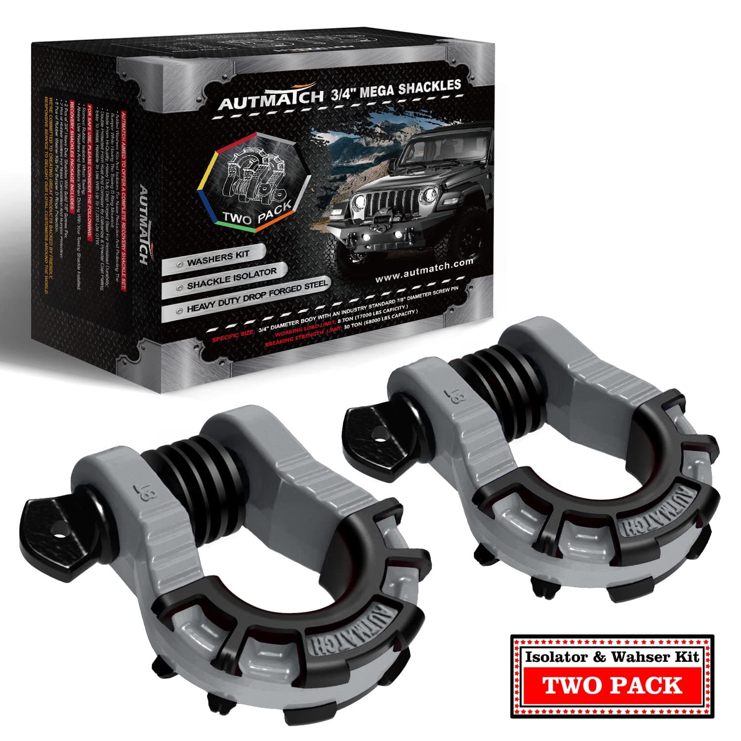 AUTMATCH Shackles 3/4" D Ring Shackle (2 Pack) 68,000Ibs Break Strength with 7/8" Screw Pin and Shackle Isolator & Washers Kit for Tow Strap Winch Off Road Vehicle Recovery Gray & Black