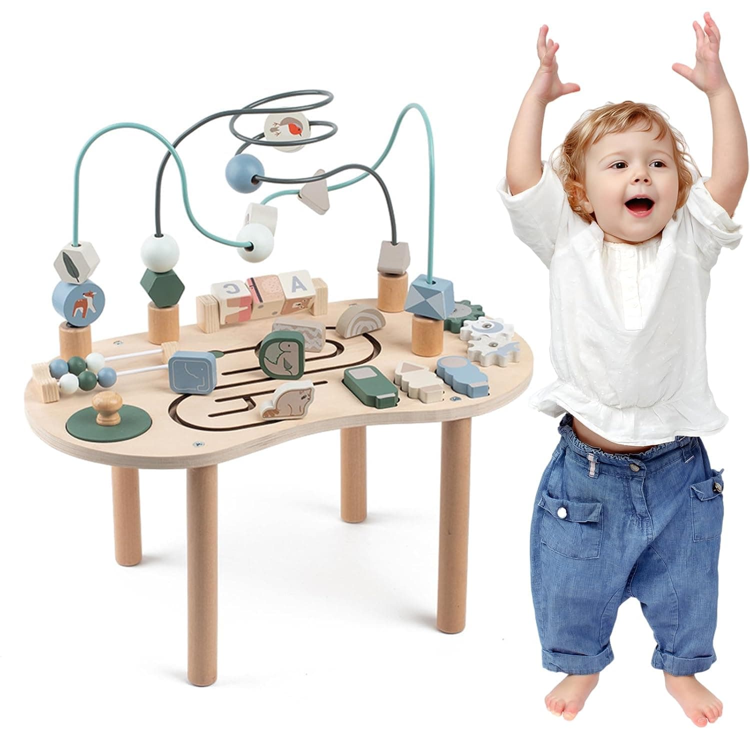 Soofam Wooden Activity Table for Toddlers, 6 in 1 Baby Play Table Activity Center with Bead Maze Shape Sorter, Montessori Toys for 3 Year Old, Kids Learning Educational Sensory Toys for Toddlers 3-5