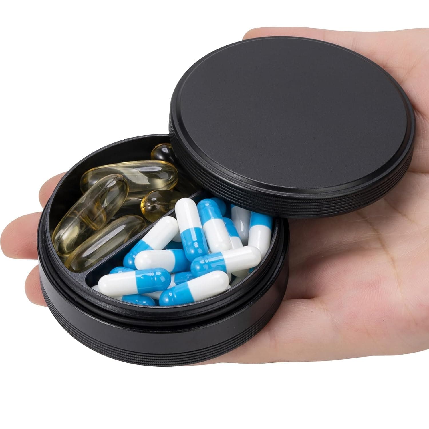 Pill Box 2 Compartment Pill Case - Portable Metal Travel Pill Container for Pocket or Purse, Waterproof Pill Organizer for Medicine Vitamin Fish Oil and Supplements | Portable Pill Organizer for Pocket & Purse, Aluminum Medicine Holder for Daily Vitamins and Medication