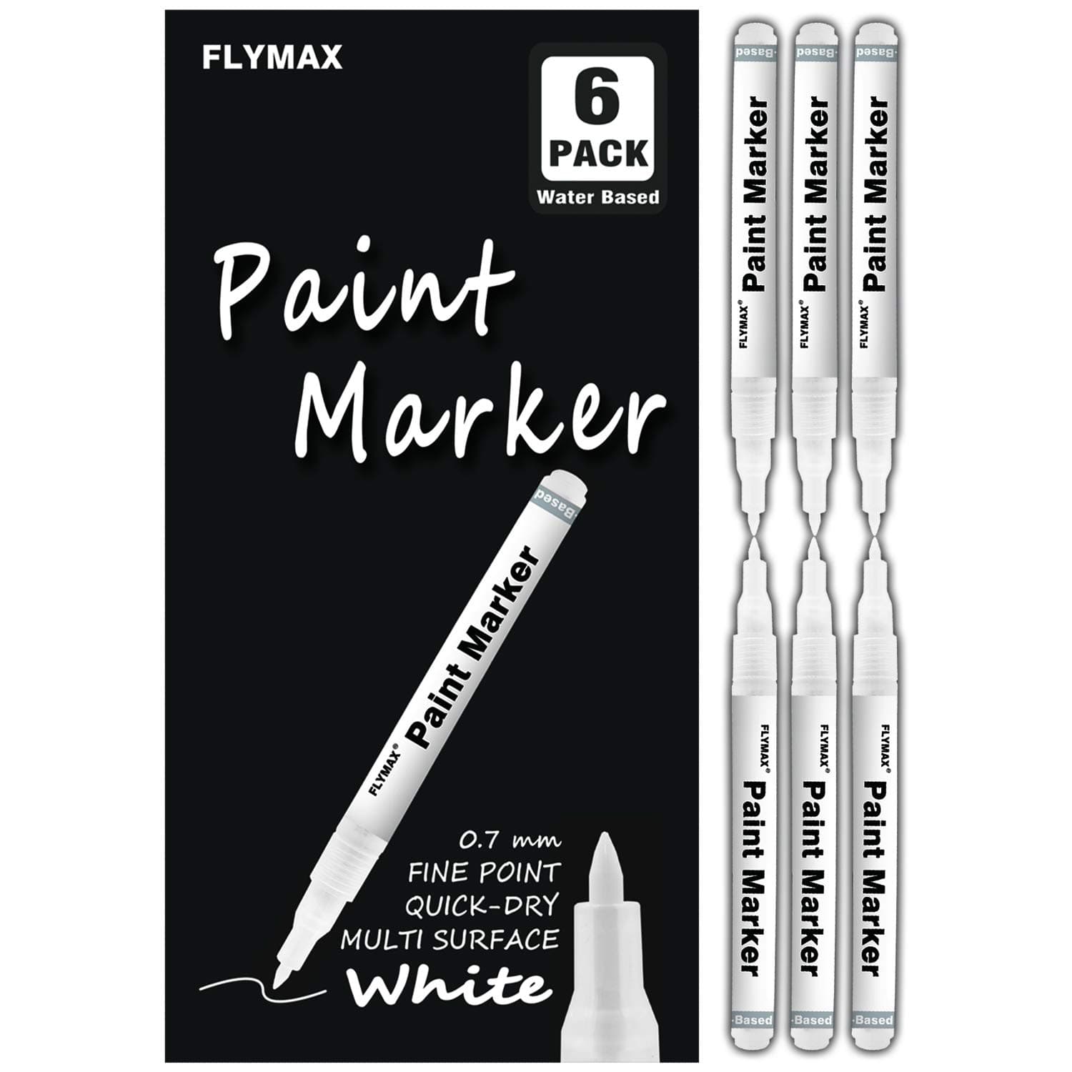 FLYMAX 6 x 0.7mm White Markers for Wood, Stone, Plastic, Leather, Stone, Metal, Canvas, Ceramic, Extra Fine Point, Opaque Ink