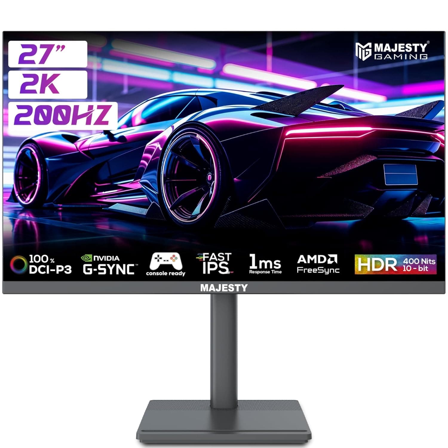 ماجيستي شاشة العاب 27 انش 2K QHD | IPS سريع | 200Hz | 1ms | HDR400 جاهز | 100% sRGB | 10 بت | جي سينك & فري سينك | HDMI & DisplayPort | فيسا | مكبرات صوت مدمجة | اضاءة RGB | حامل مرن