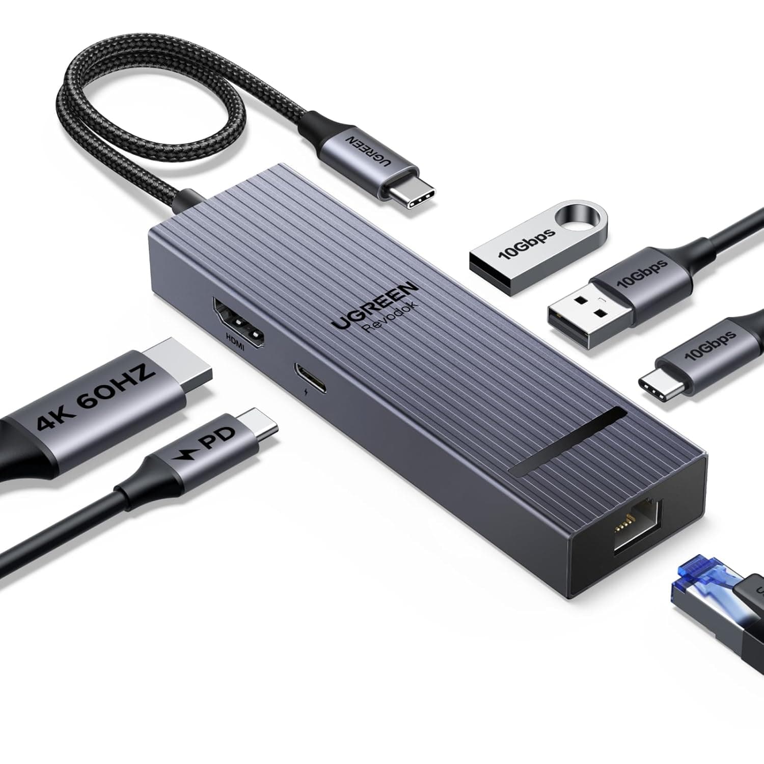يوجرين ريفودوك برو 1061 6 في 1 إيثرنت جيجابت محول USB C مع HDMI 4K 60Hz شحن PD 100 وات بيانات A&C 3.2 بسرعة 10 الثانية لجهاز ماك بوك Air/Pro M1 M2 M3 آيباد آيفون 16 برو/برو ماكس