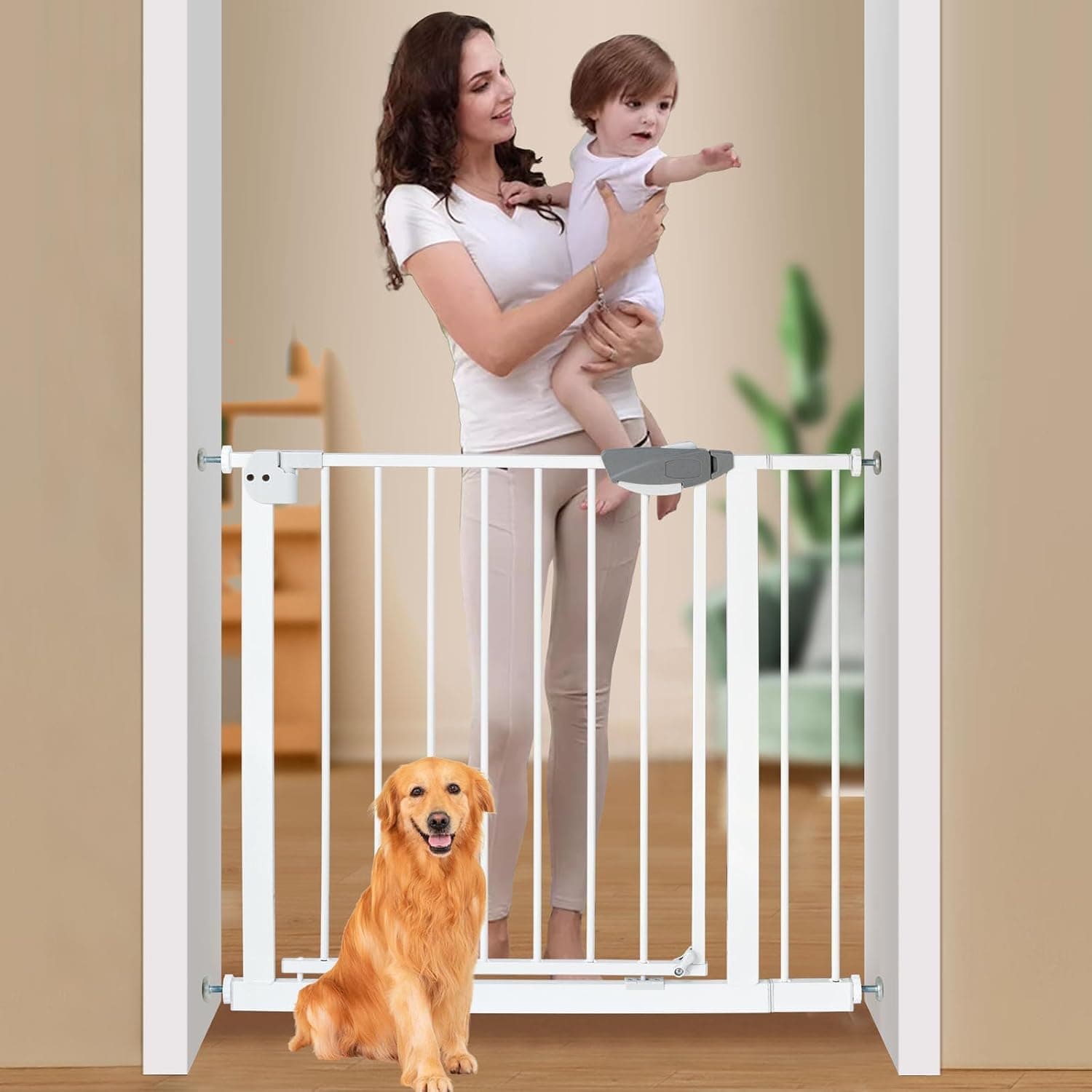 SKY-TOUCH Auto Close Safety Baby Gate, Extra Wide Child Gate 75-84 cm + 10cm Extension Kit Minimum 85cm Maximum 94cm, Baby Gates for Stairs & Doorways, Easy Install (Gate + 10cm Extension Kit)