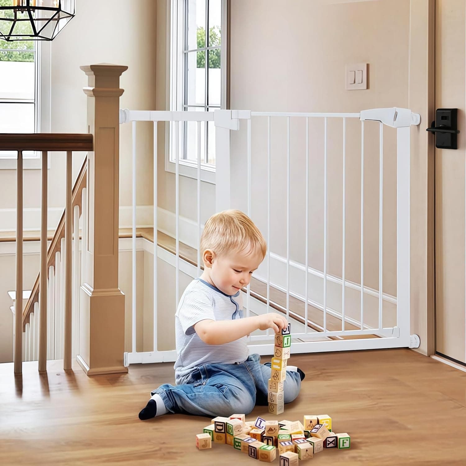 Stair Baby Gates,Retractable Baby Safety Door Gates,Pet Dog Gate,Auto Close Pressure Mounted Walk Thru Child Gate,for Baby Toddlers (White, 78cm+ (105-114cm))