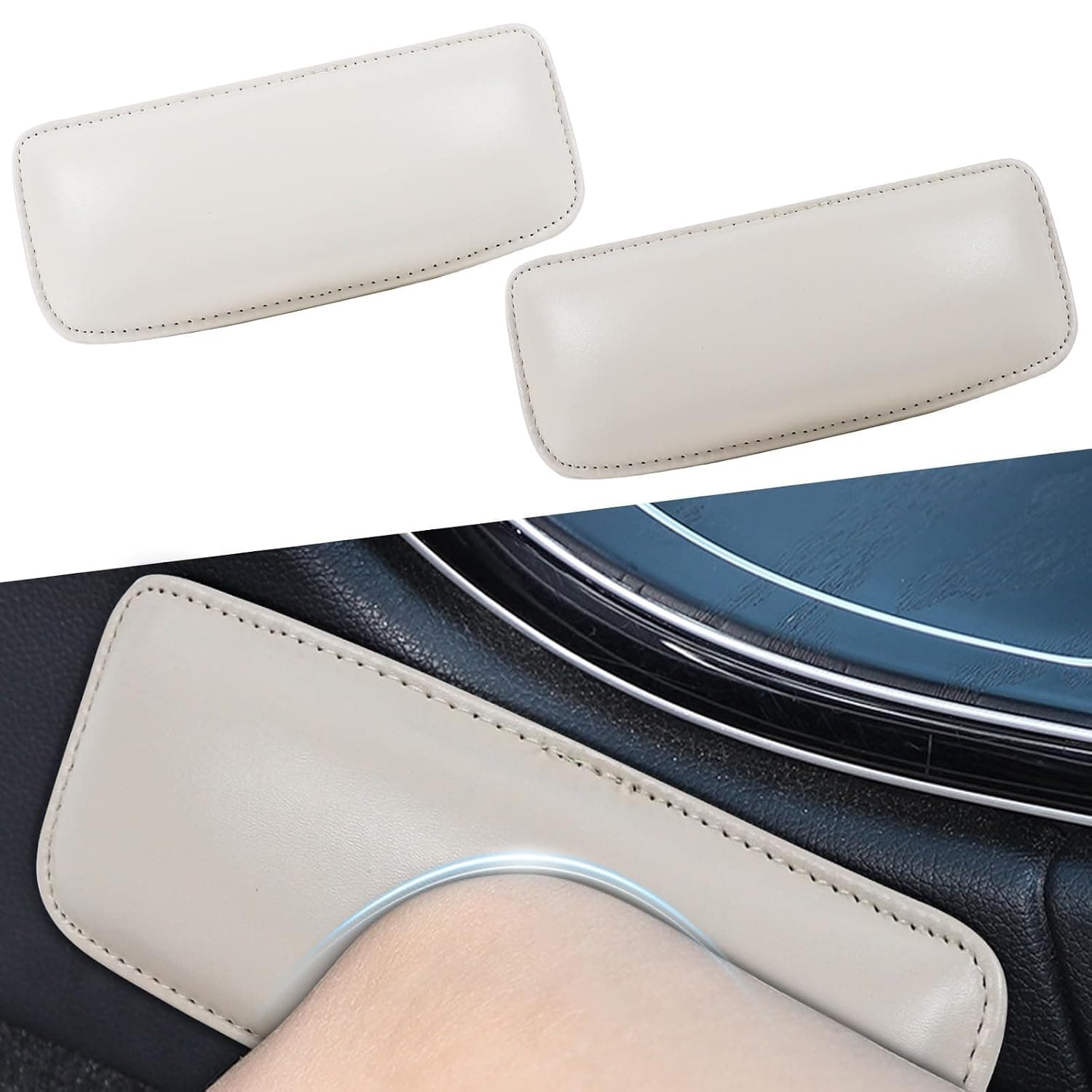 Car Knee Pad Cushion 2 Pack, Soft Leather Elbow Rest & Leg Support Pillow with Memory Foam for Center Console & Door, Universal Automotive Interior Accessories for Driver Comfort (Beige)