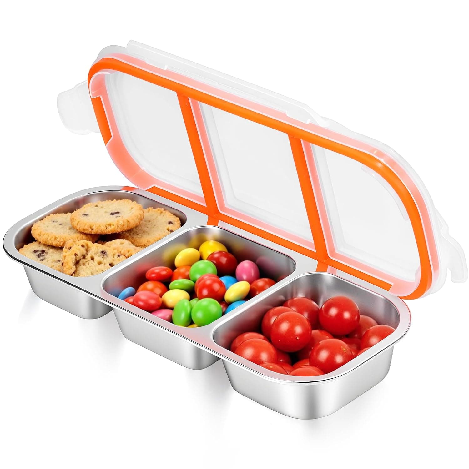 Stainless Steel Snack Containers - Reusable 3 Compartment Condiment Box with Lids for Kids Adults, Grab and Go Divided Snack Food Storage Containers Sauce Cups for School, Travel