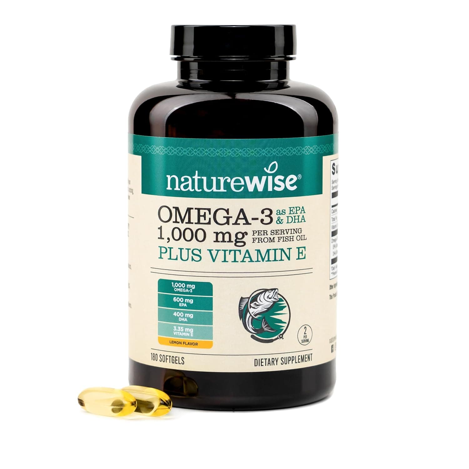 NatureWise Extra-Strength Omega 3 Fish Oil Supplement - 1000mg per Serving - 600 EPA & 400 DHA and Vitamin E - Support for Heart & Brain Health - Lemon Flavor, Non-GMO - 180 Softgels[3-Month Supply]