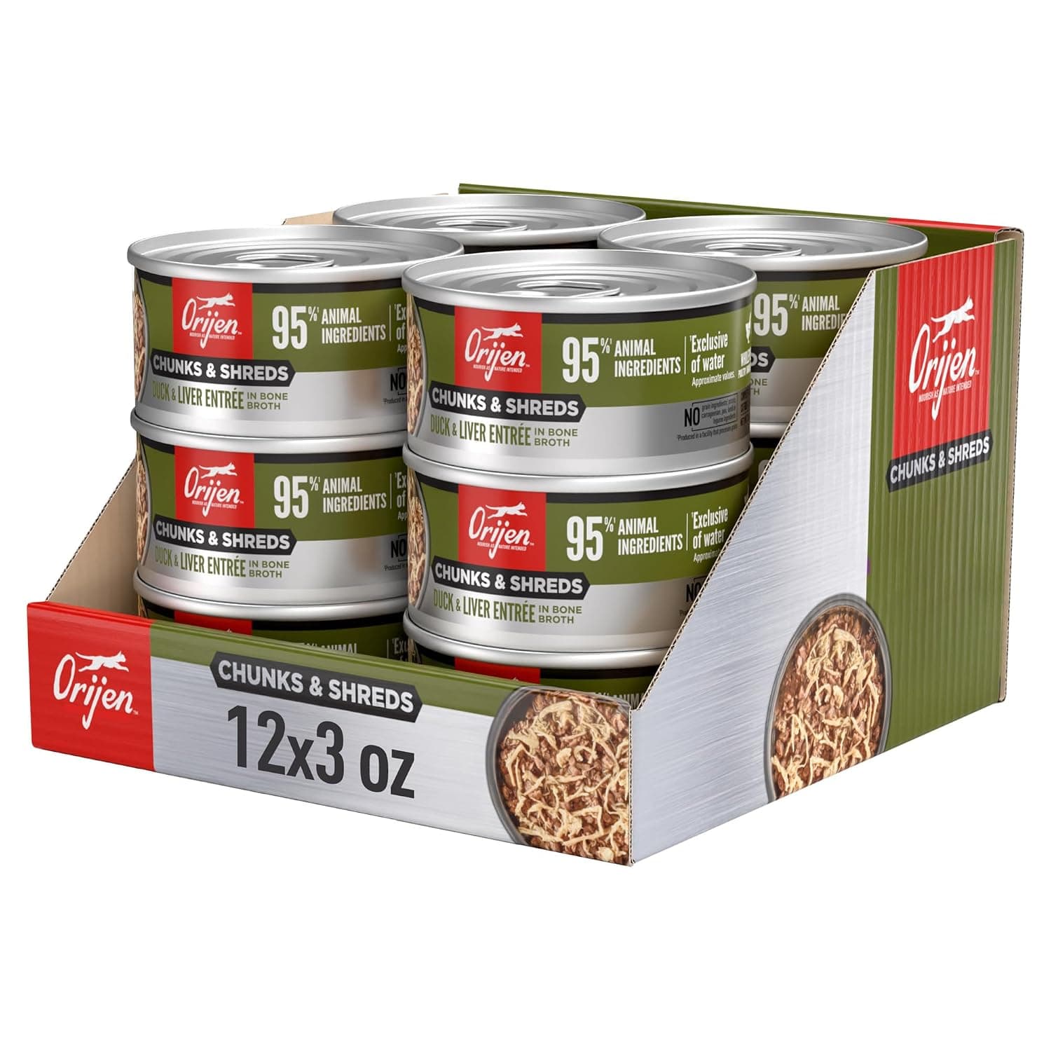 ORIJEN Chunks & Shreds Wet Cat Food Duck & Liver Entrée 3oz Cans (12 ct.) | Omega-3 Fatty Acids, Skin & Coat, Eye Health, No Added Grains