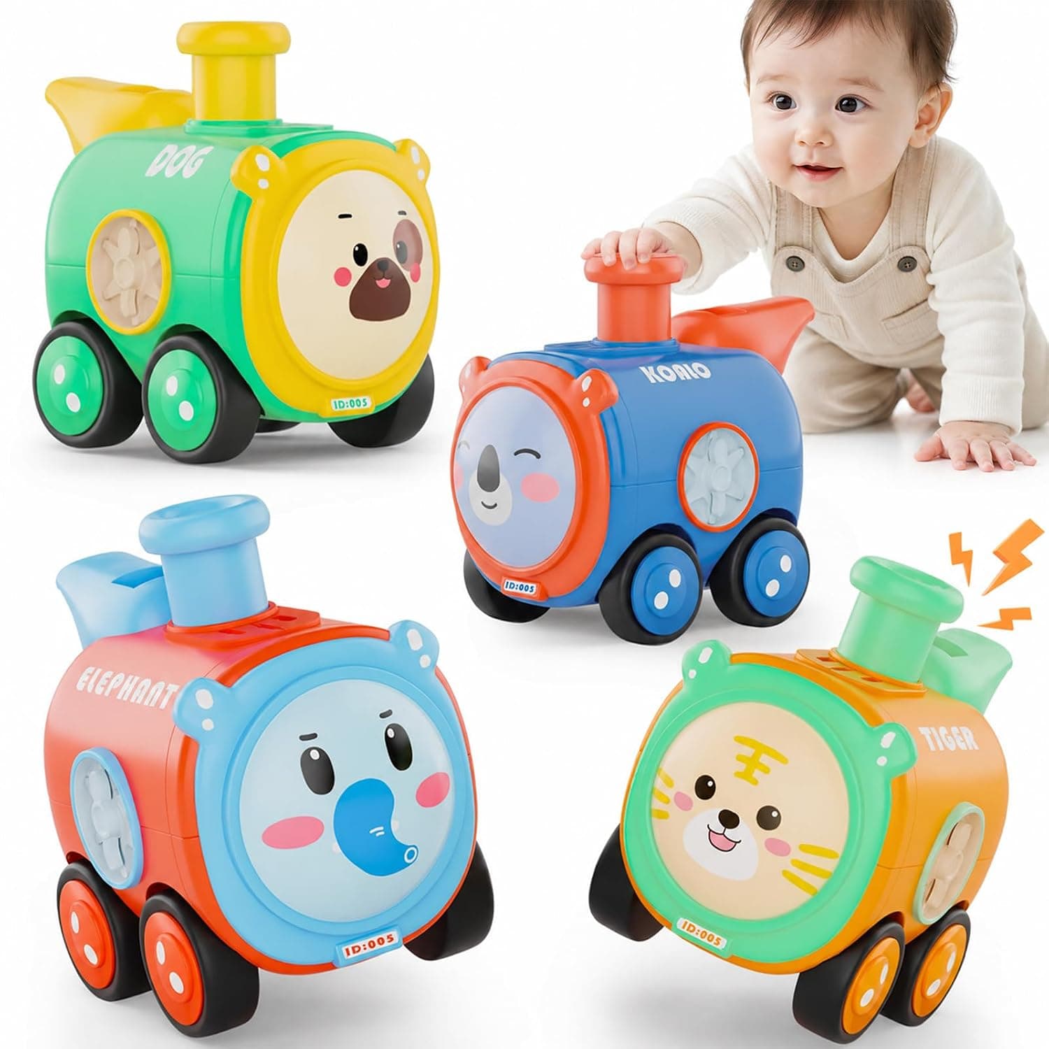 Baby Train Car Toys, 4PCS Press to Go Push Car, Infant Play Whistle Vehicle Toy, 1st Birthday Christmas Easter Gifts Birthday Gifts for Boys Girls