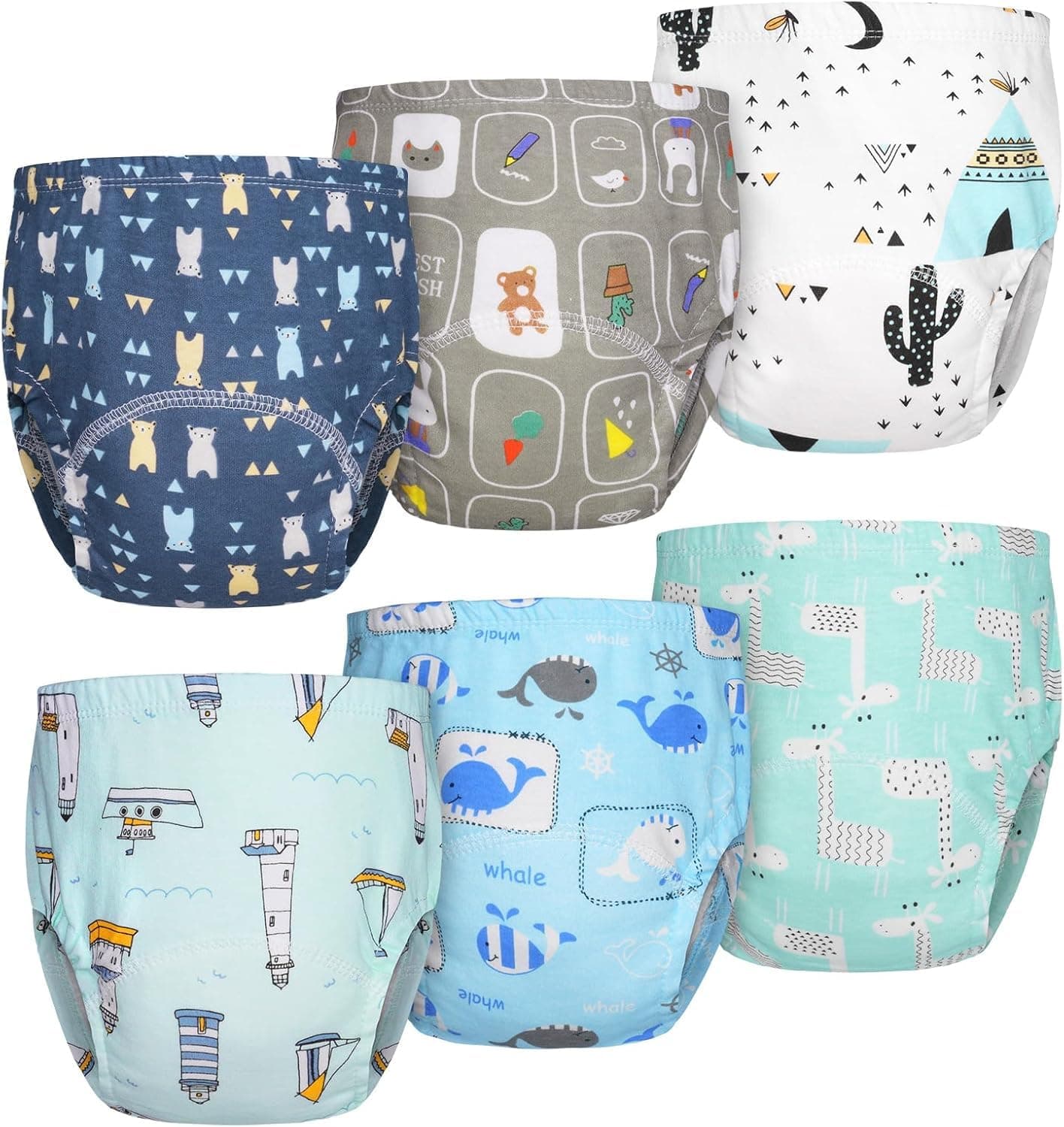 Potty Training Pants - 6 Packs Reusable Baby Toddler Underwear With Patterns for Boys, 100% Cotton Washable Toilet Training (6P Blue, Large)