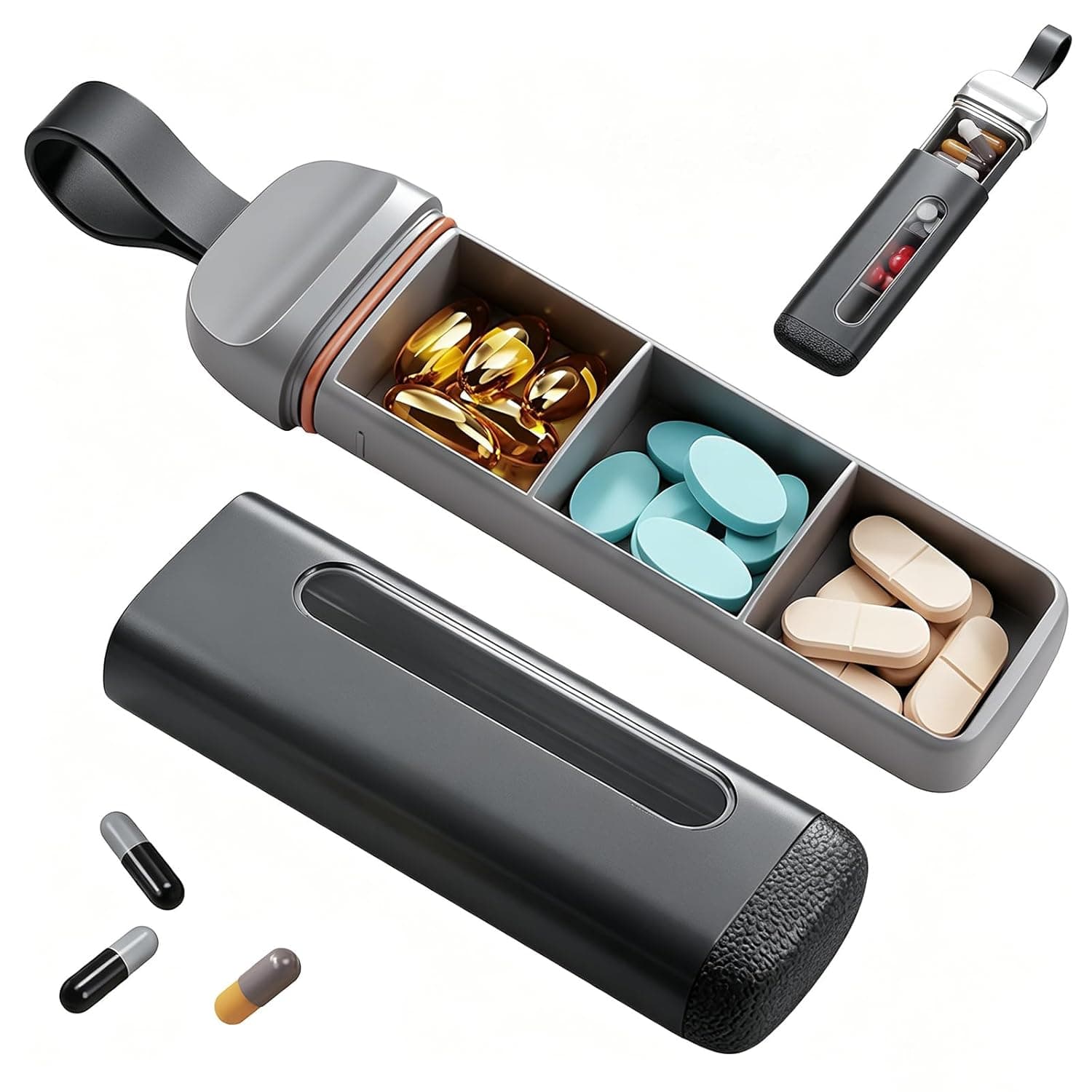 Portable Pill Organizer,Mini Travel Pill Case 3 Compartment, Airtight Food Grade ABS Pill Organizer, travel pill case for Tablets Vitamins Cod Liver Oil Supplements, Medication