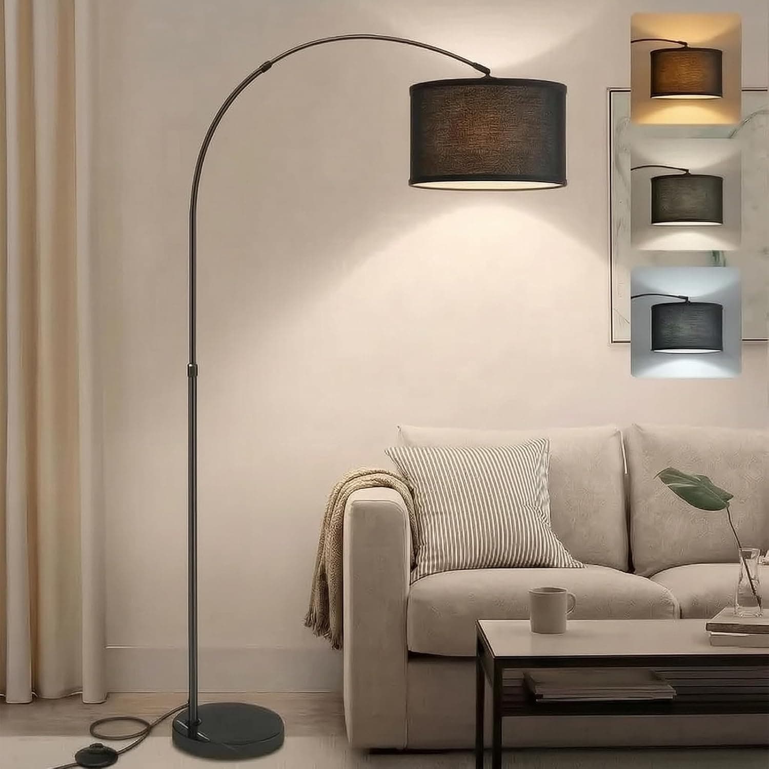 Arc Floor Lamp مصباح ارضي, Modern Standing Lamp for Living Room with 3 Color Temperatures, 185CM Tall Dimmable Reading Light for Beside Sofa, Bedroom, Office
