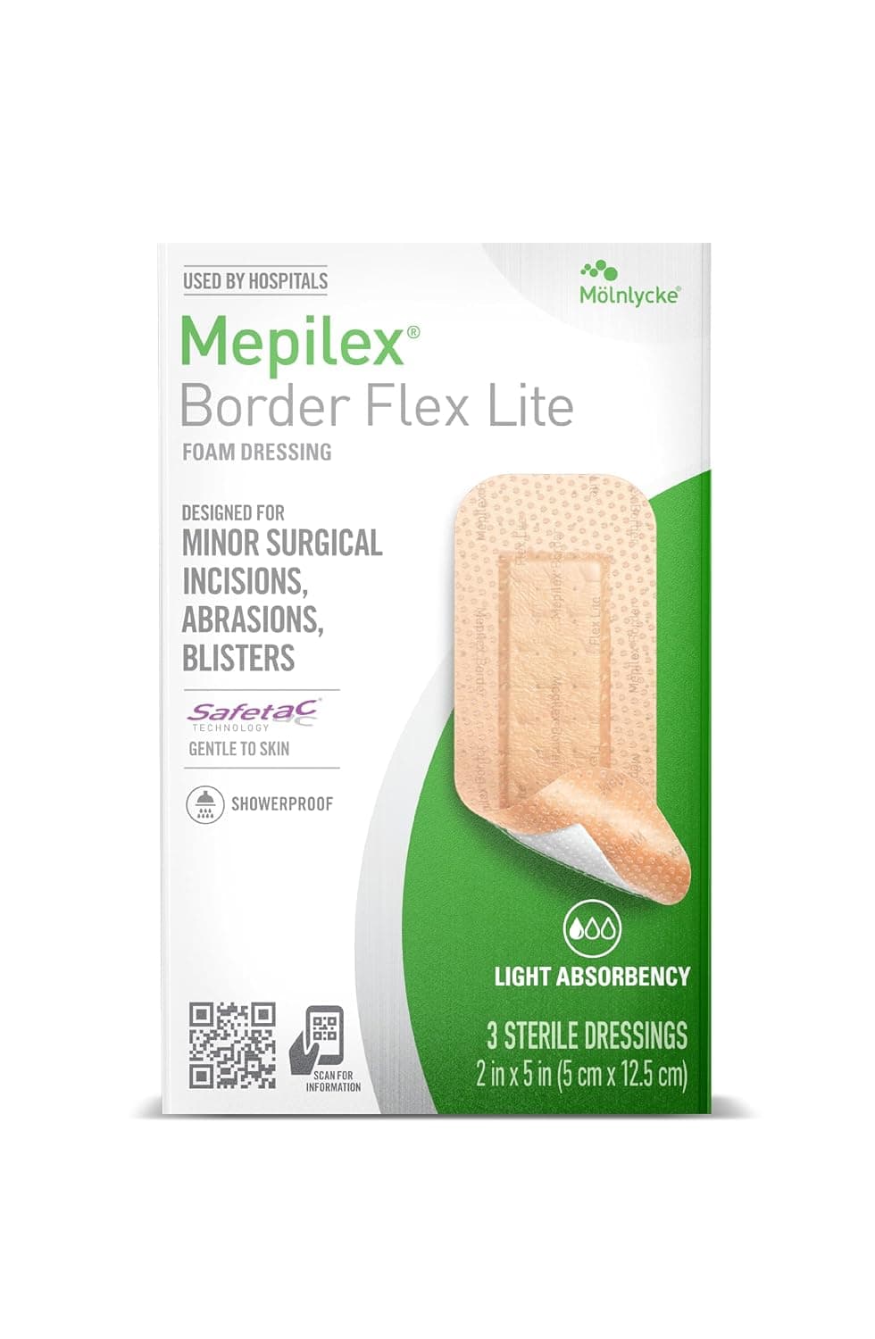 Mepilex Border Flex Lite 2 x 5in (5x12.5 cm) Hospital Grade Dressings for Minor Surgical Incisions, Abrasions and Blisters for up to Several Day Use | Trusted by healthcare for decades, designed for a wide range of advanced wounds, showerproof, may be worn for multiple days*