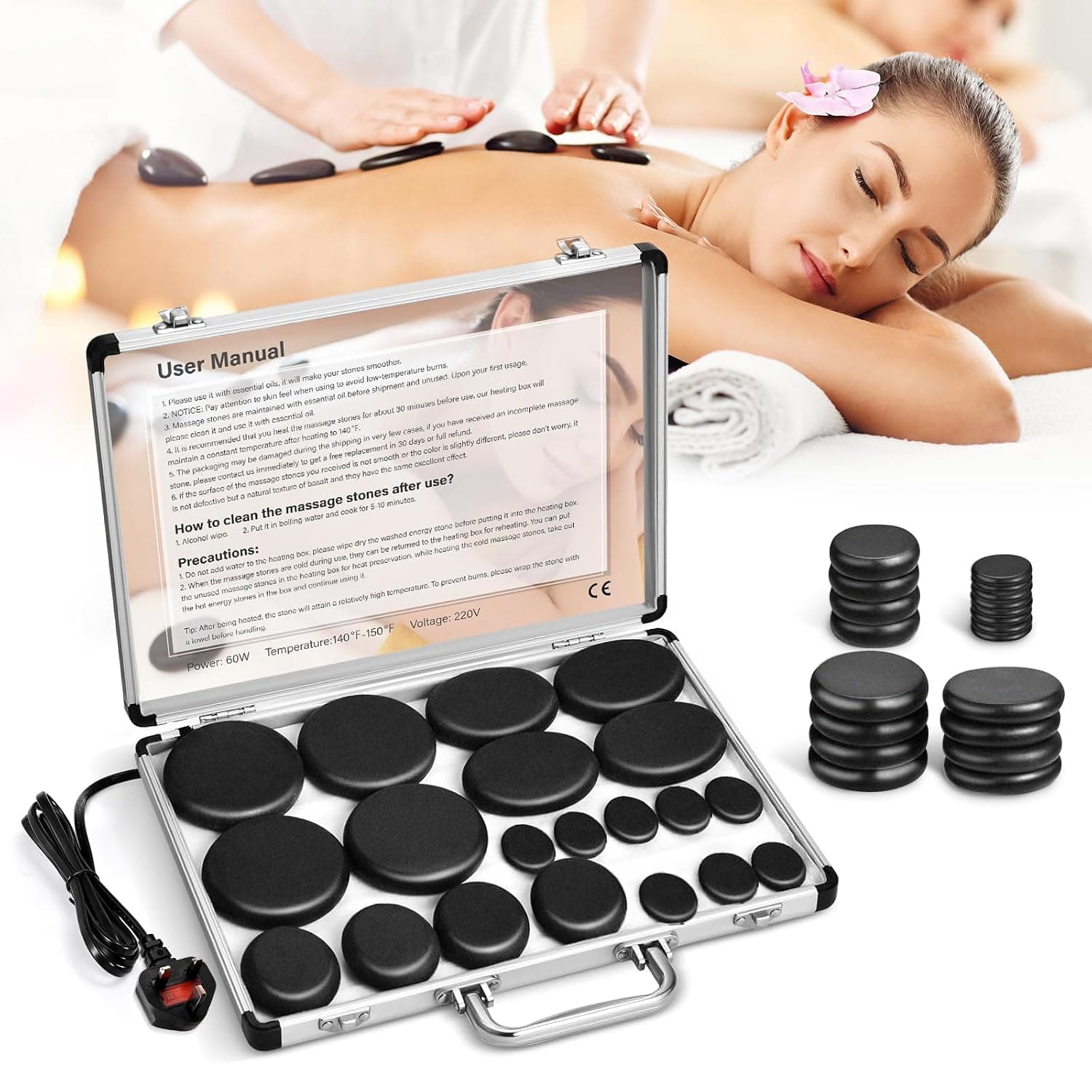 20Pcs Hot Stones Massage Kit with Heater, Professional Electric Basalt Warm Stones Set for Spa Therapy, Deep Muscle Relaxation, Pain Relief, Home Use