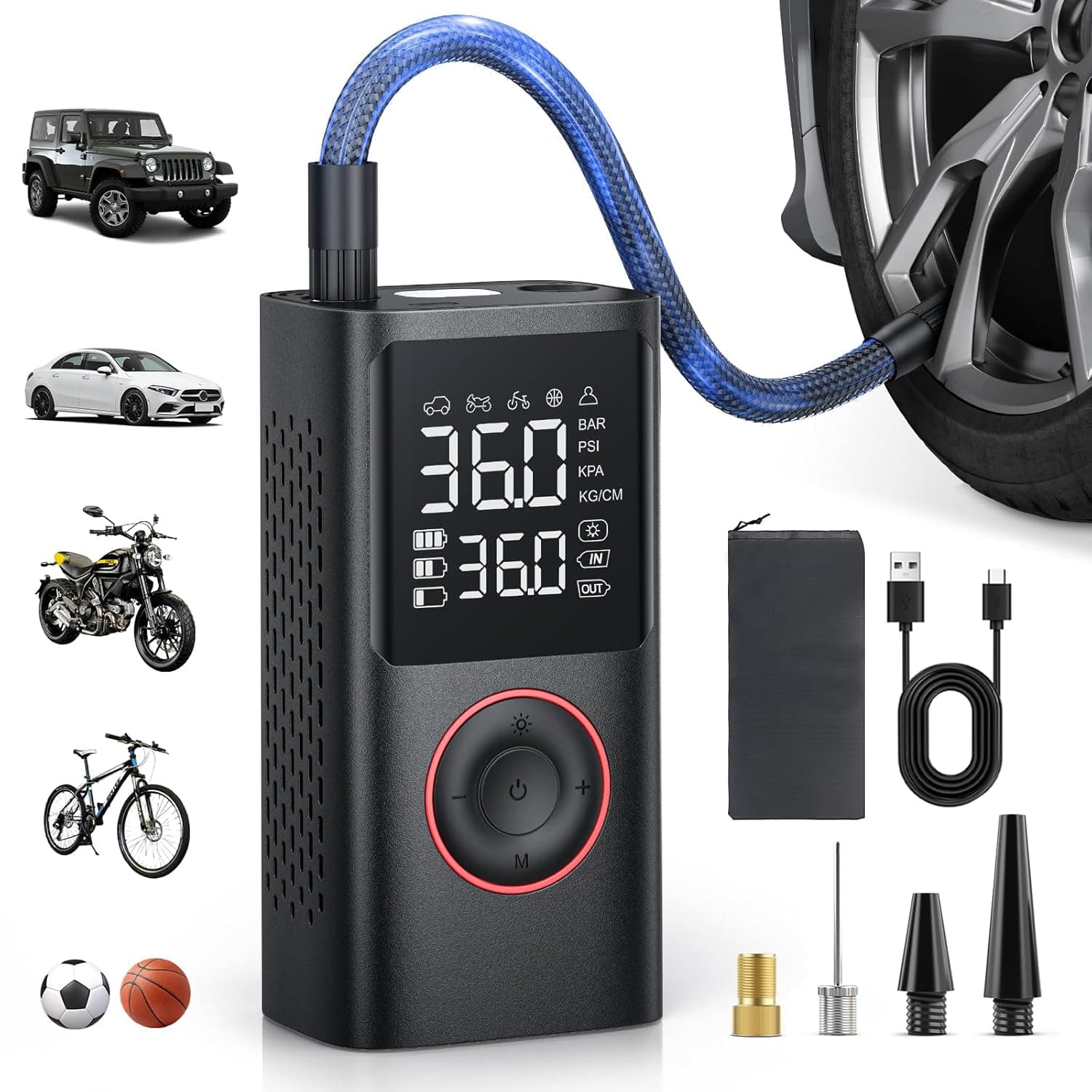 Powools Tyre Inflator Portable Air Compressor 150 PSI Cordless Bike Pump with Pressure Gauge & LED Light, Air Pump for Car, Motorcycle, Bicycle & Balls, Black