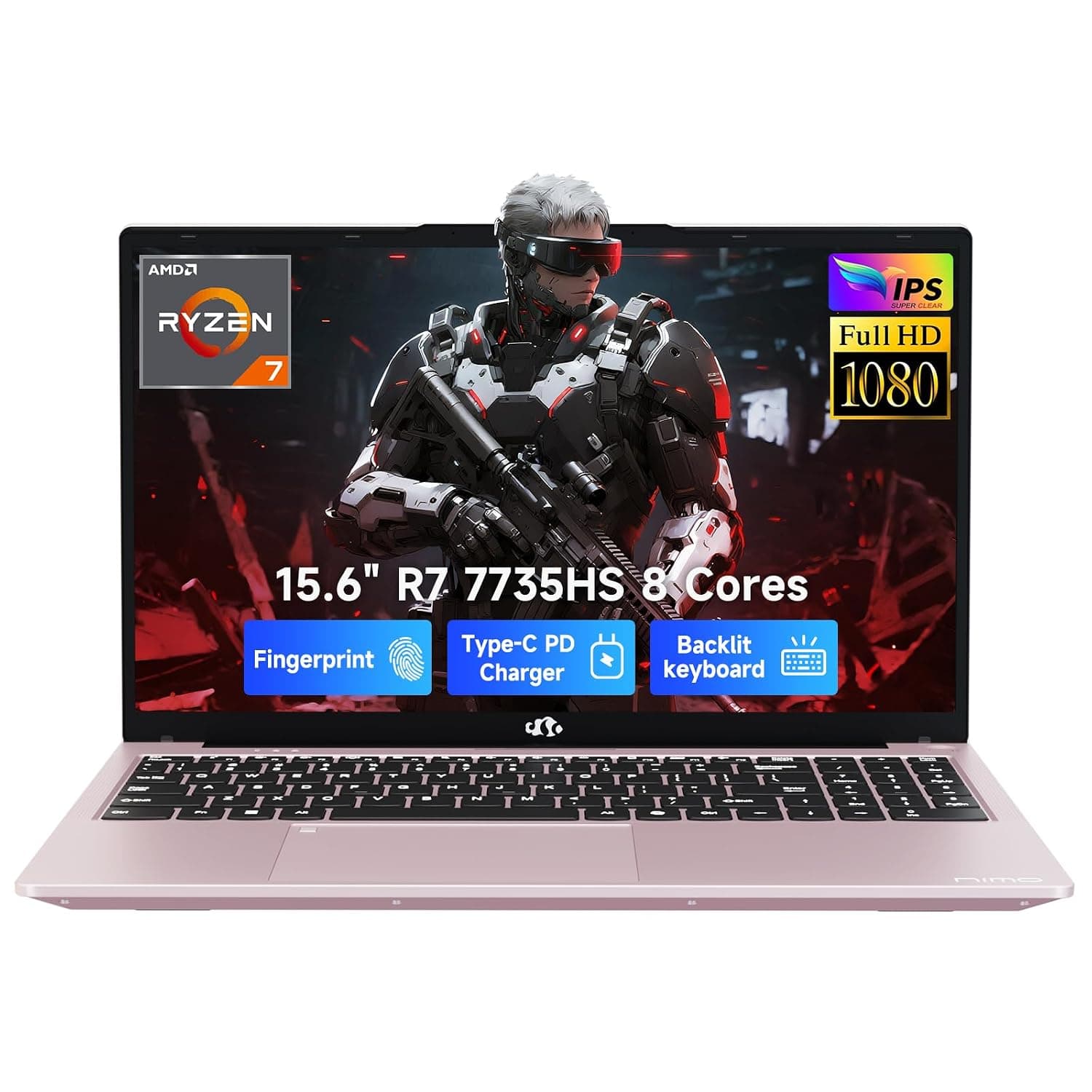 NIMO 15.6" IPS FHD Gaming Laptop, Ryzen 7 7735HS 16GB DDR5 RAM 1TB SSD (Beats i7-12650H, Up to 4.75GHz) Computer, Radeon 680M, 100W Type-C, Backlit Keyboard, Webcam, Fingerprint Unlock