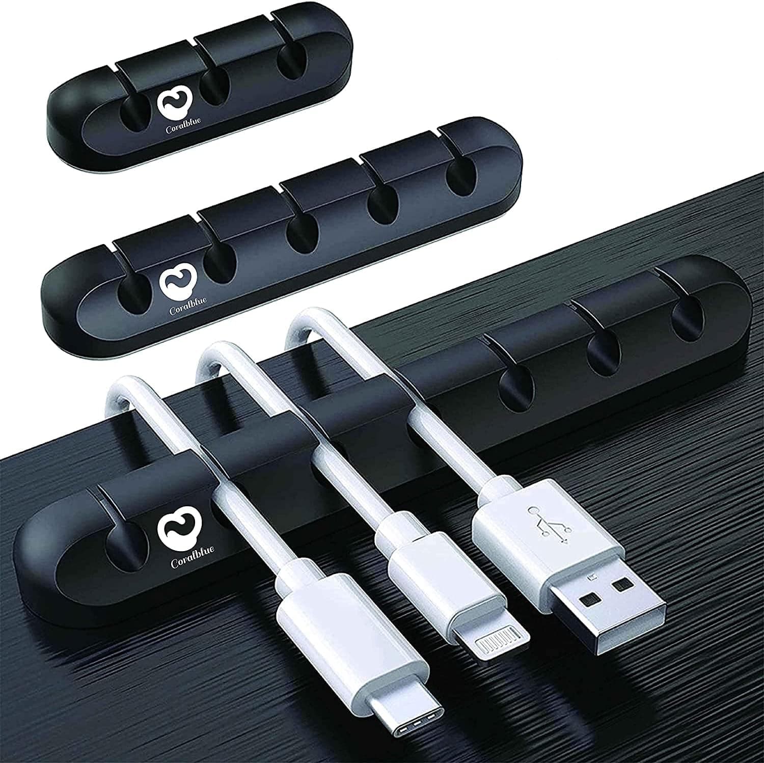 مشابك ادارة الكابلات من كورال بلو - 3 قطع لسلك الطاقة وكابل USB وكابل التلفزيون والكمبيوتر المكتبي والمنزل والمكتب (3 5 او 7 كيبلات سوداء) (موديل جديد)