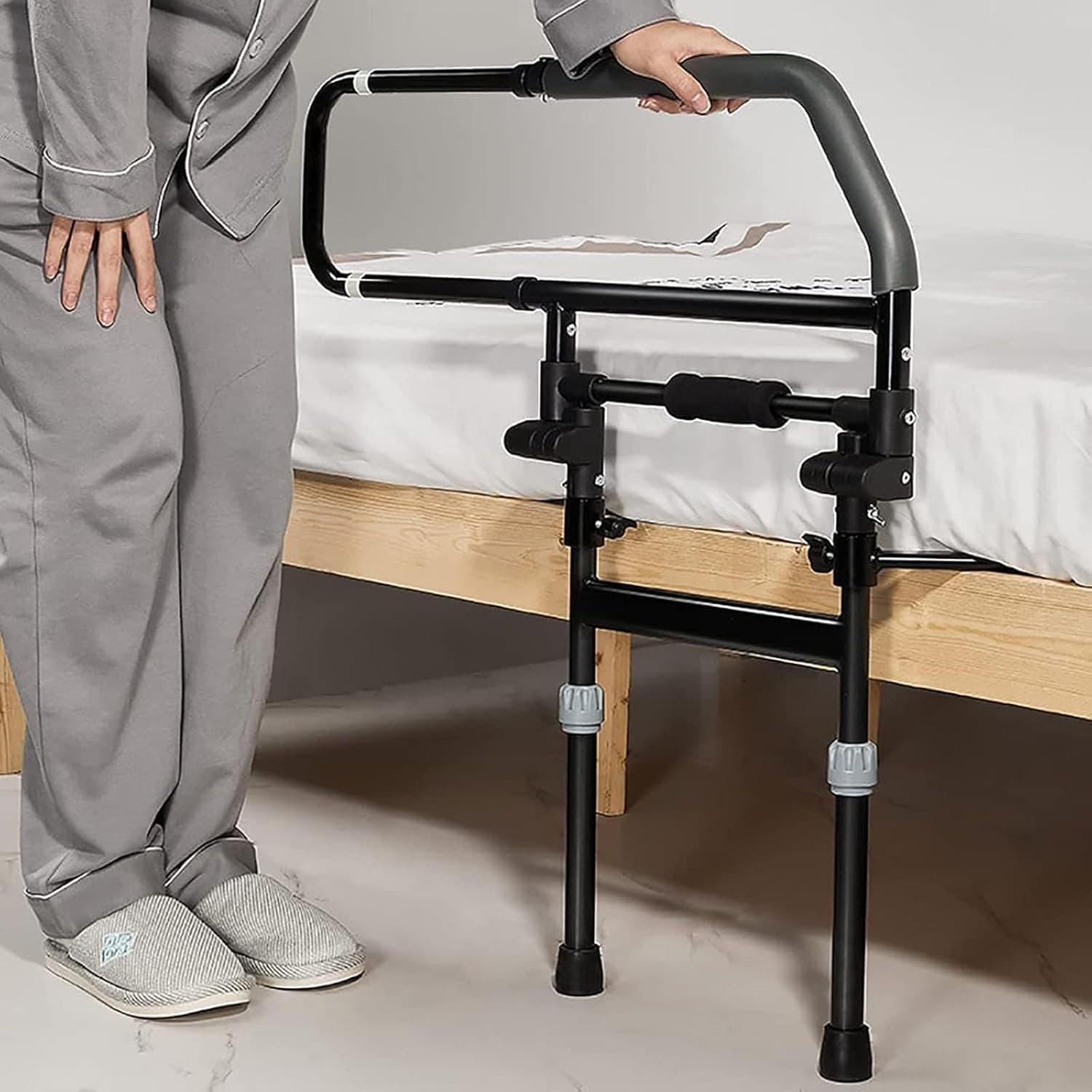 Bed Assist Railing Handle, Foldable Safety Handle,Fall Prevention Hand Guard Grab Bar Bed Cane, Height Adjustable Bed Rails for Elderly with Floor Support, Easy to Get in or Out of Bed