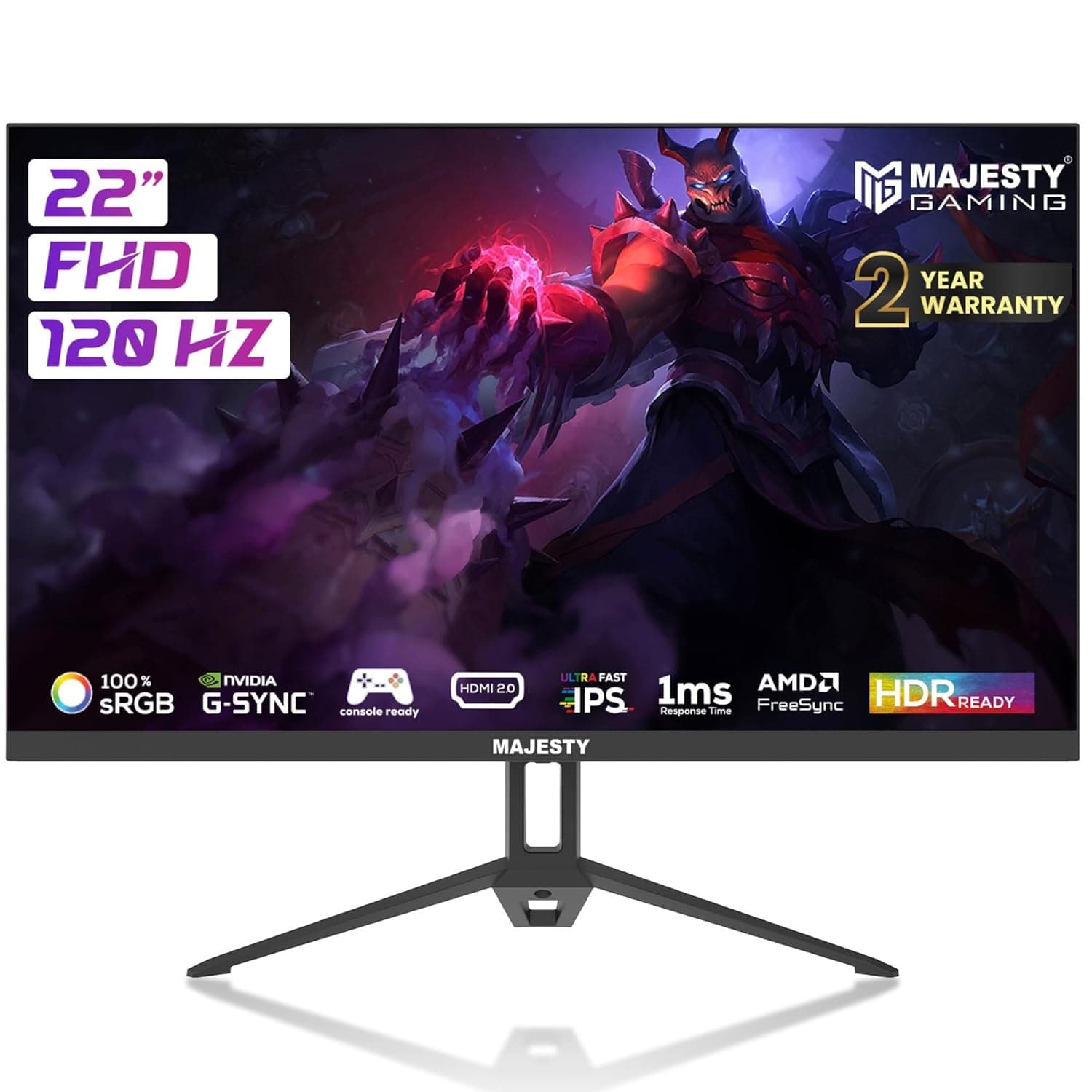 Majesty 22" FHD 1920 x 1080 Gaming Monitor | IPS | 120Hz (Overclocking up to 120Hz) | 1ms | HDR | 100% sRGB | G-SYNC & FreeSync | Built-in Speakers | HDMI & VGA | VESA