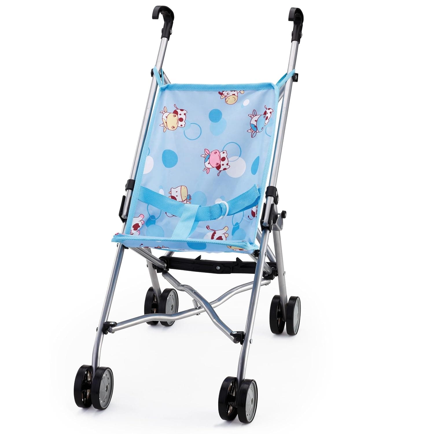 Bayer Design Dolls: Buggy Umbrella Stroller - Blue & Cows, Accessory for Dolls Up to 18", Foldable, Playful Design, Seat Belt, Kids Toy, Ages 3+ | Compact folding toy stroller with secure safety belt and smooth dual wheels; ideal for 18 inch dolls and pretend play