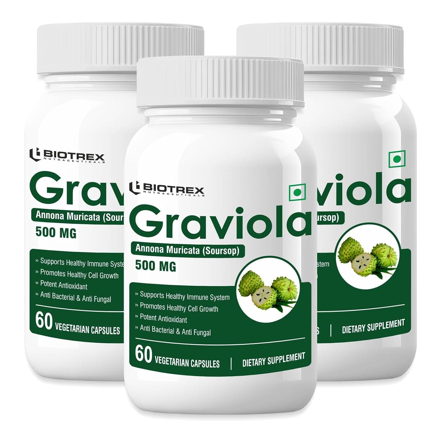 Biotrex Graviola 500mg - 60 Veg Capsules | Pack of 3 | Supports Immune system, Antioxidant, Healthy cell growth