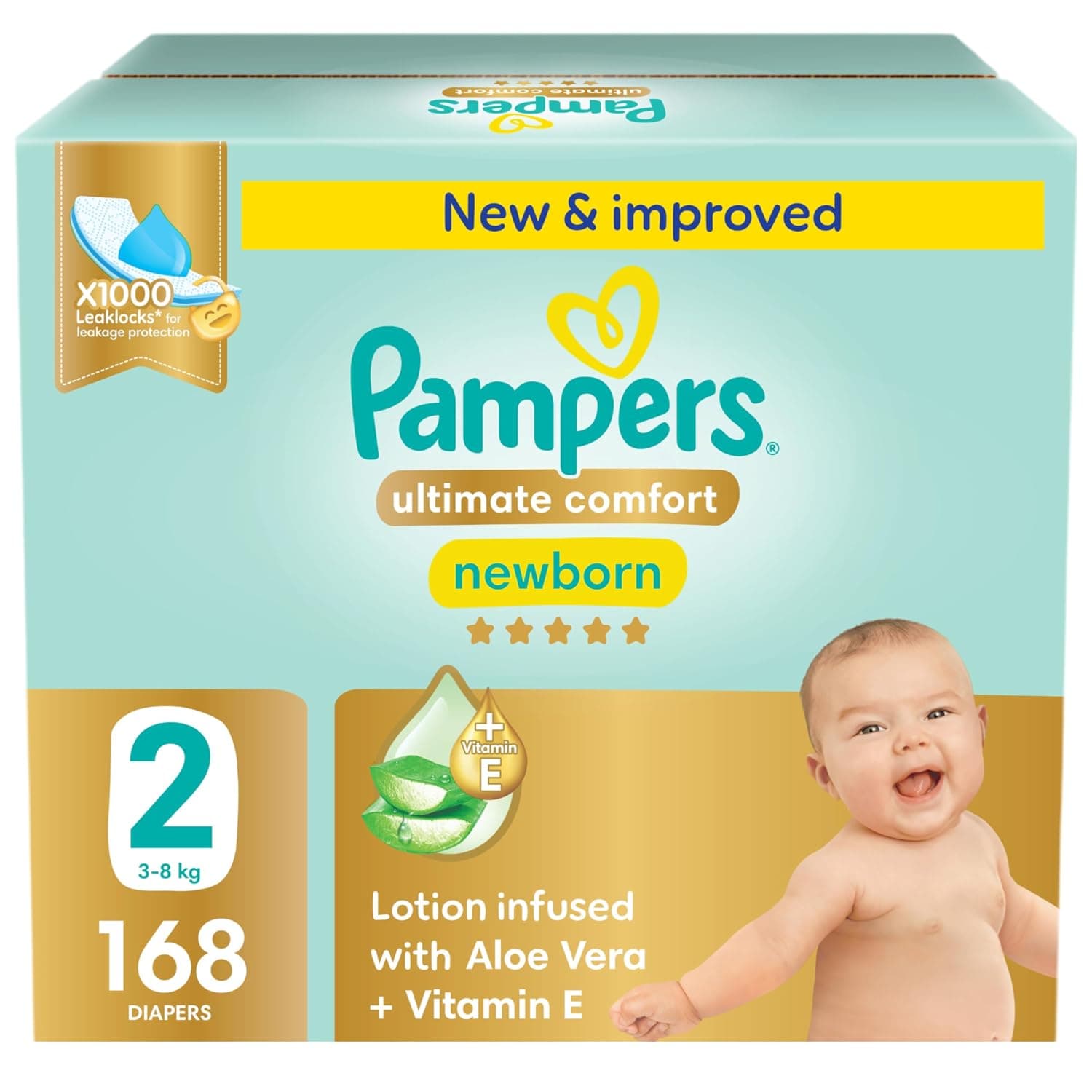 Pampers Ultimate Comfort Taped Diapers, Size 2, 3-8kg, Lotion infused with Aloe Vera and Vitamin E, x1000 Leak Locks Technology for Leakage Protection, Giant Saving Pack, 168 Count