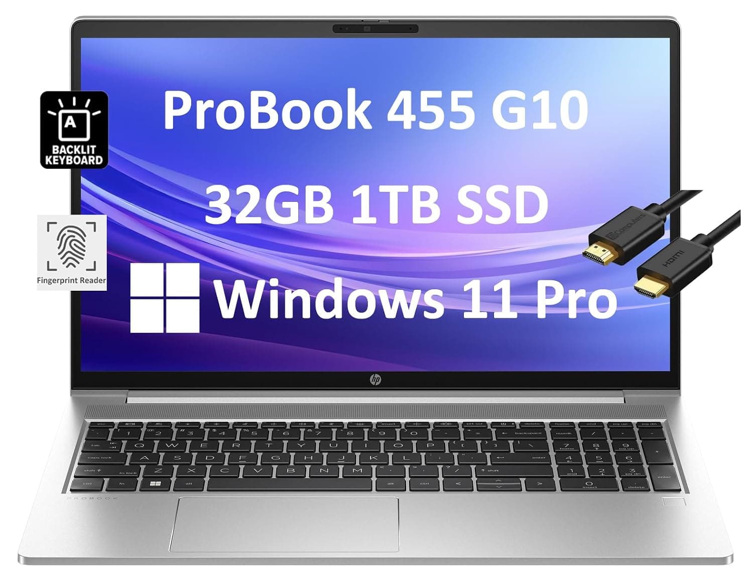 HP ProBook 455 G10 Business Laptop (15.6" FHD Display, AMD Ryzen 5 7530U, 32GB RAM, 1TB SSD, (Beats i7-1255U)) Backlit, Fingerprint, Webcam, Ethernet, Wolf Pro Security, Win 11 Pro, Silver, 2024