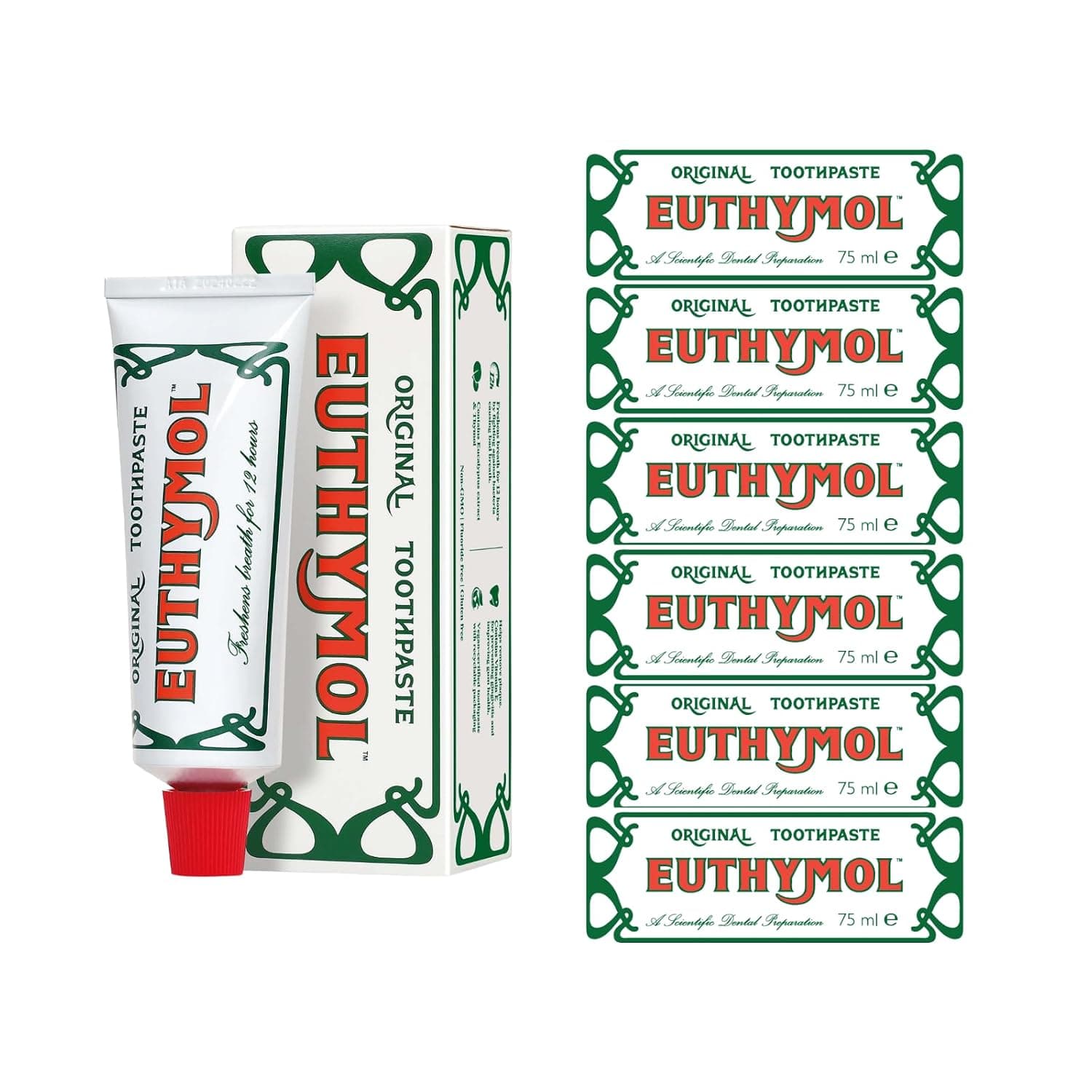 [New Package] Euthymol Original Toothpaste 75ml x 6, Fluoride Free Anti-Plaque Antibacterial Cavity Teeth Gums Clean Healthy Protection Refresh Daily Oral Enamel Dental Care